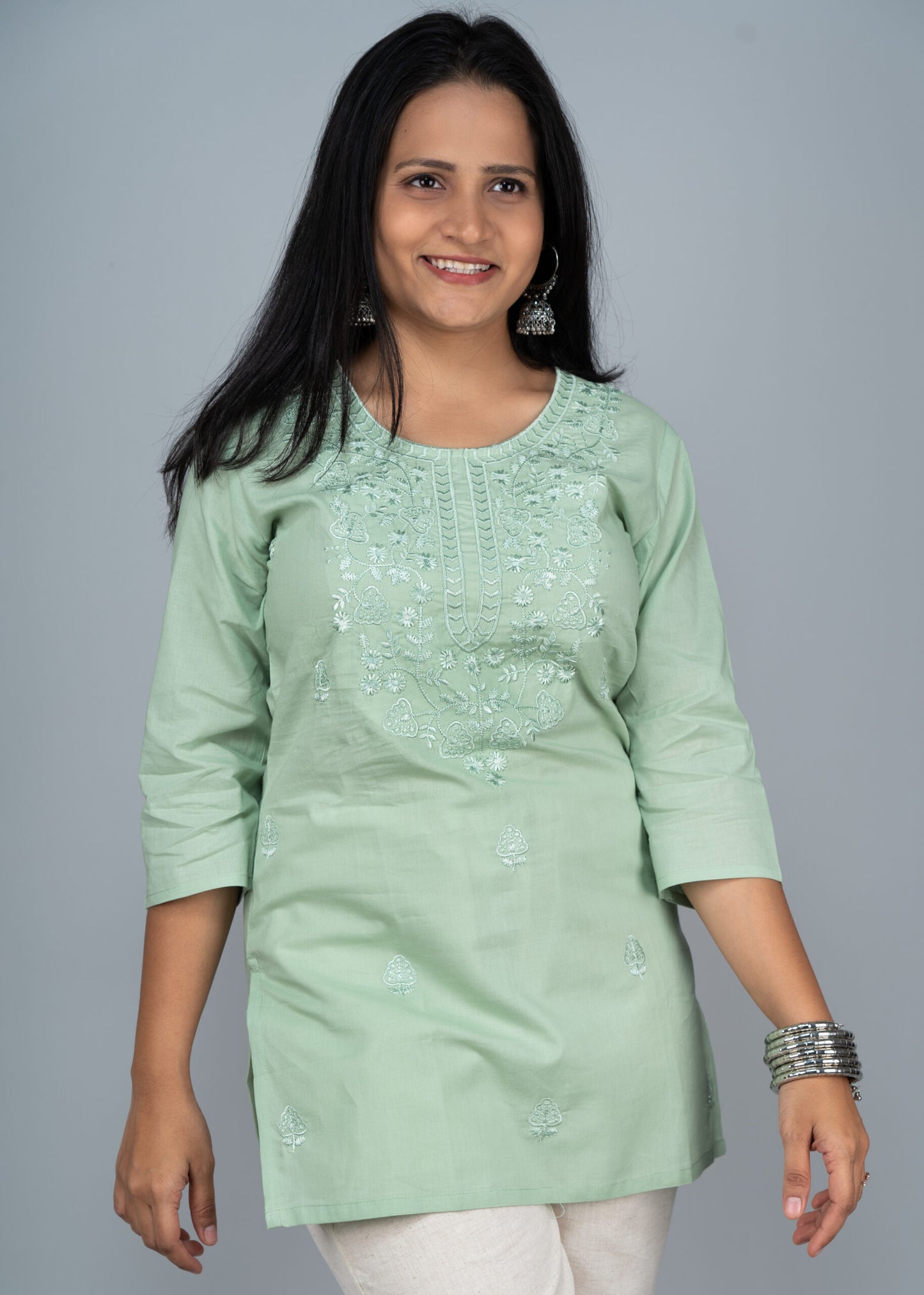 Pista Green Chikankari Short Kurta