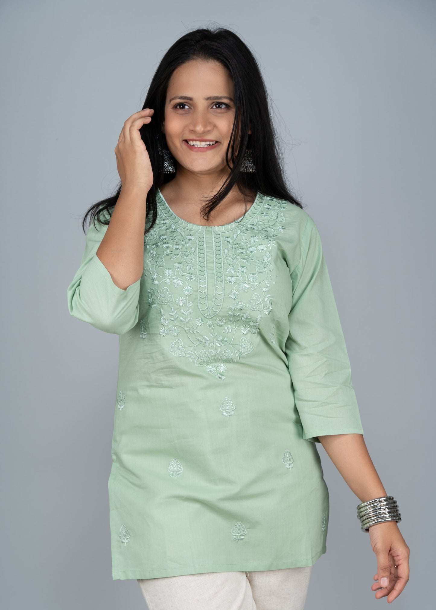 Pista Green Chikankari Short Kurta