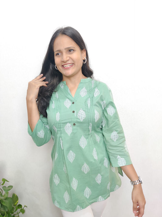 Pista Green Glitter Leaf Pintex Short Kurta