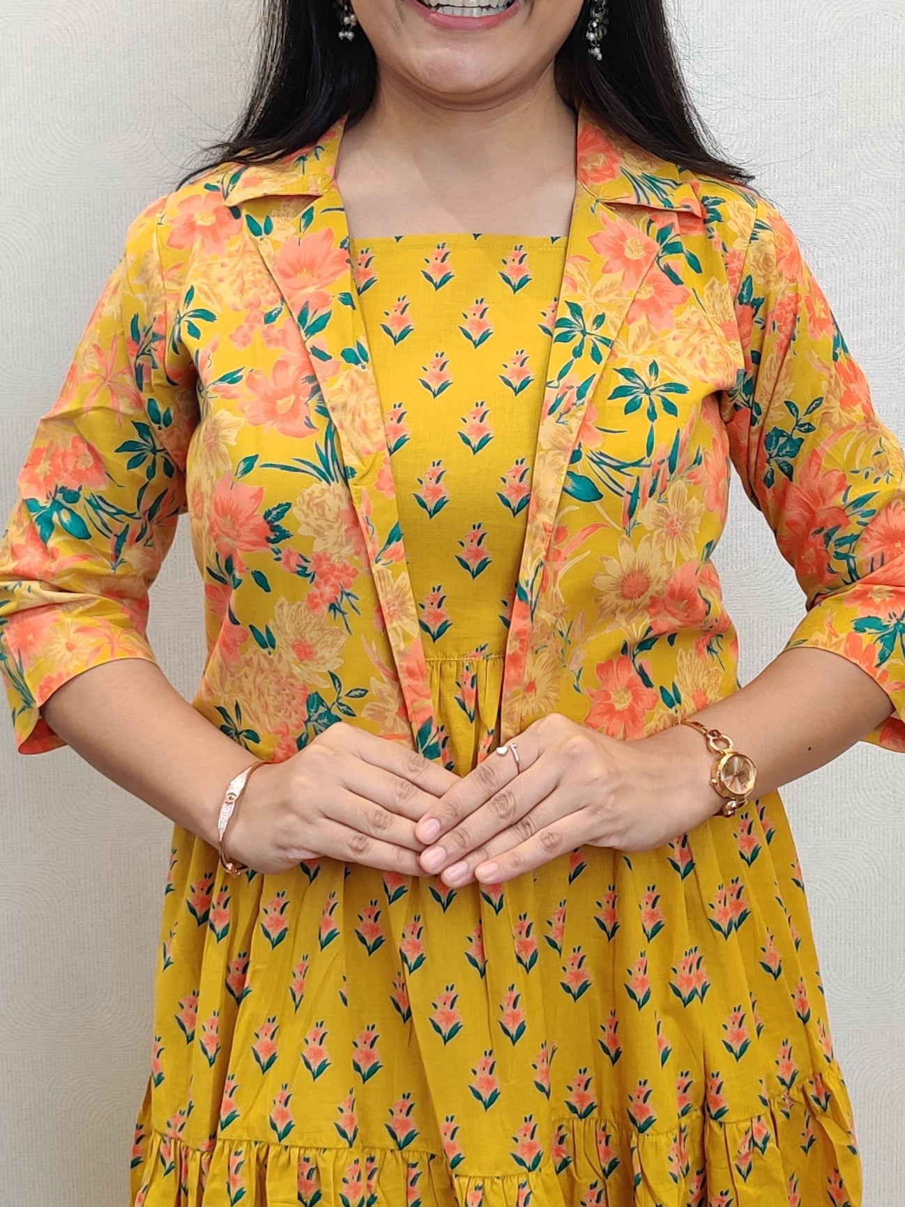 "Prisha" Floral Cotton Dress with Printed Jacket
