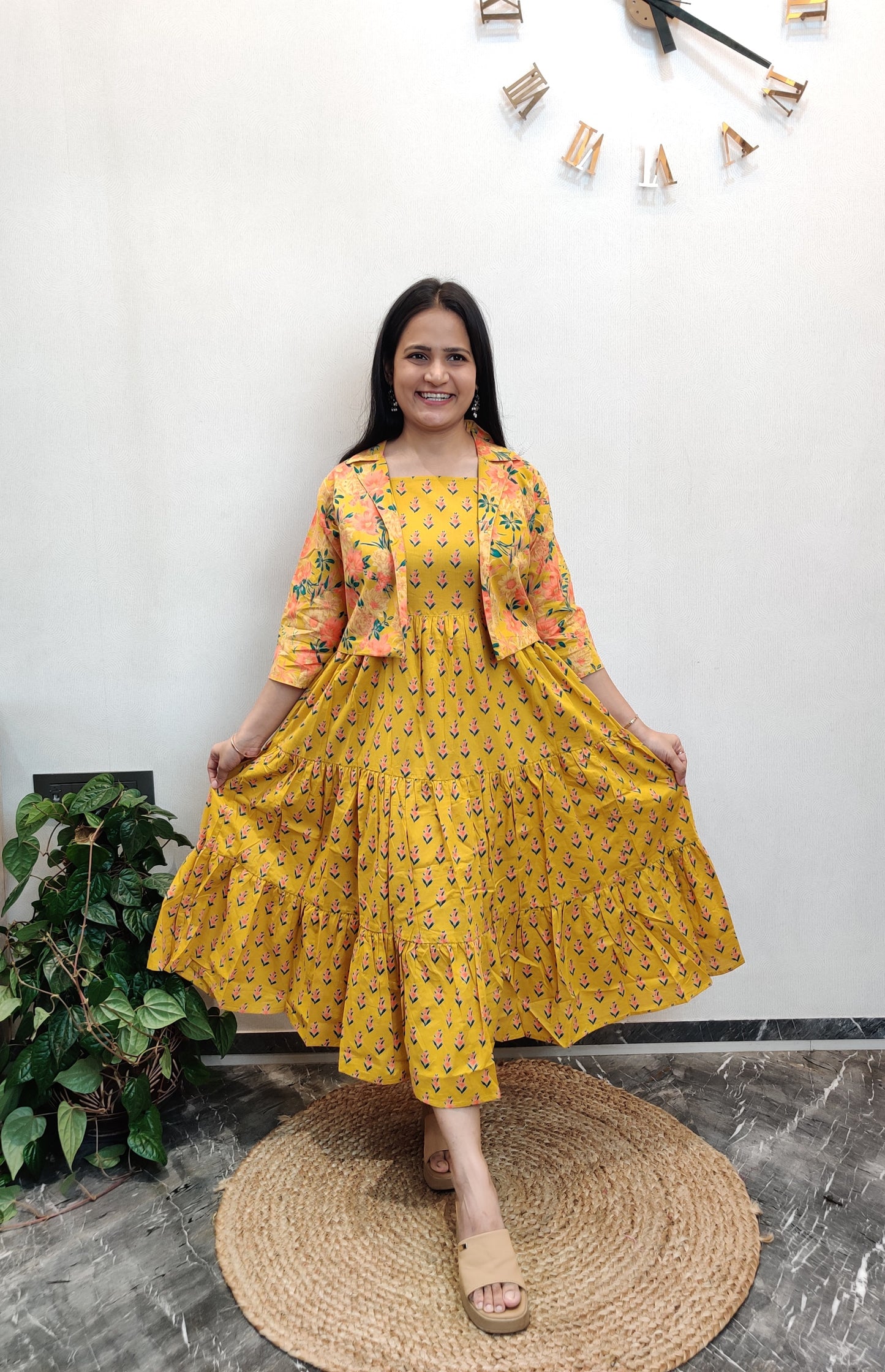 "Prisha" Floral Cotton Dress with Printed Jacket