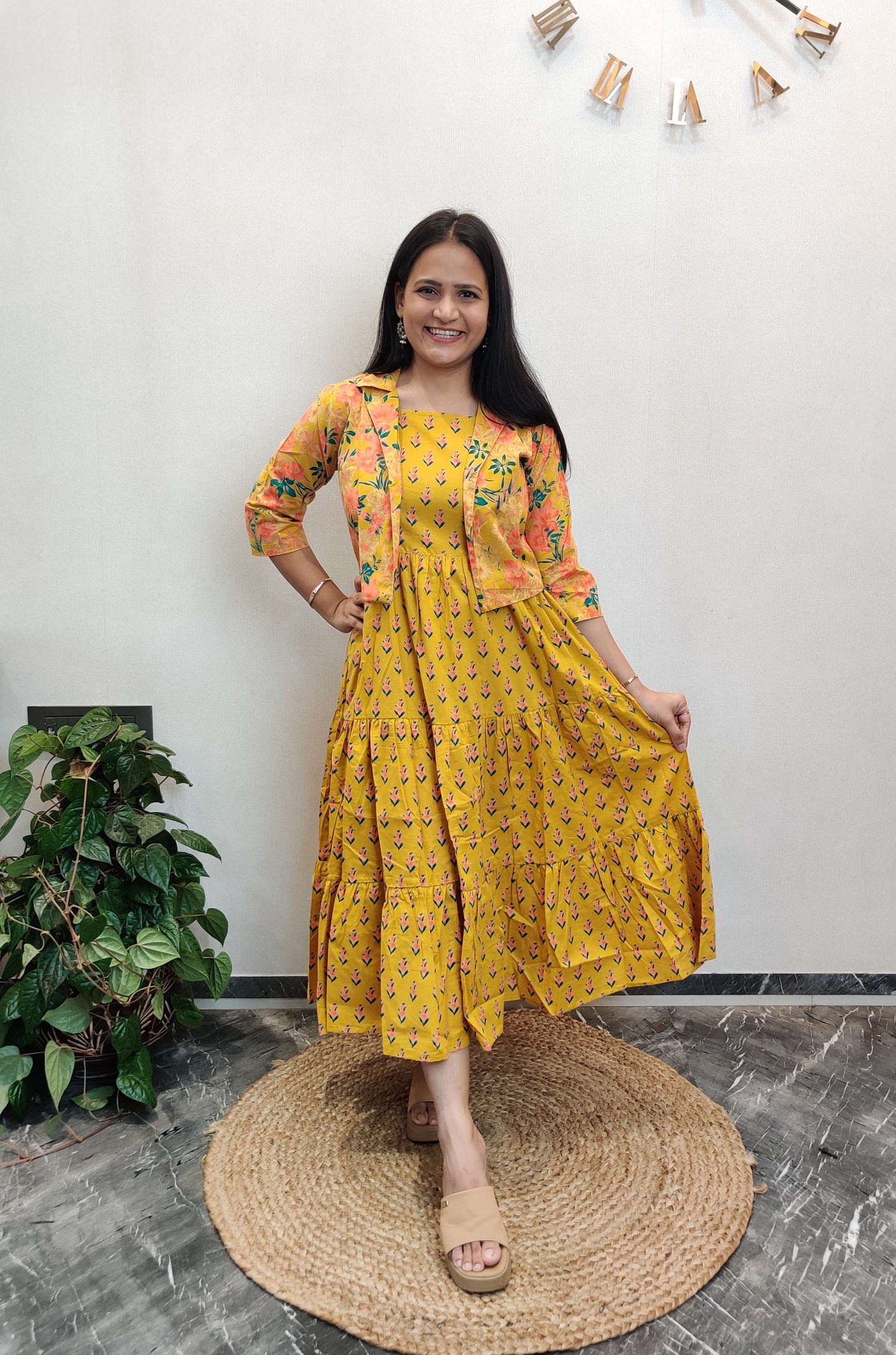 "Prisha" Floral Cotton Dress with Printed Jacket