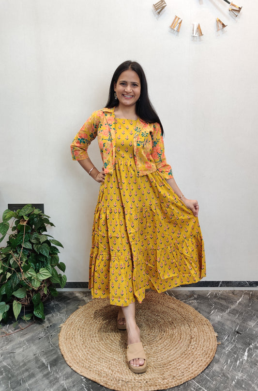 "Prisha" Floral Cotton Dress with Printed Jacket