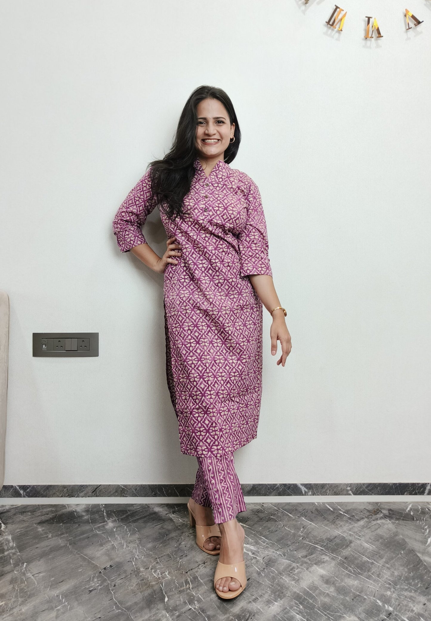 Purple motif printed kurta pant set