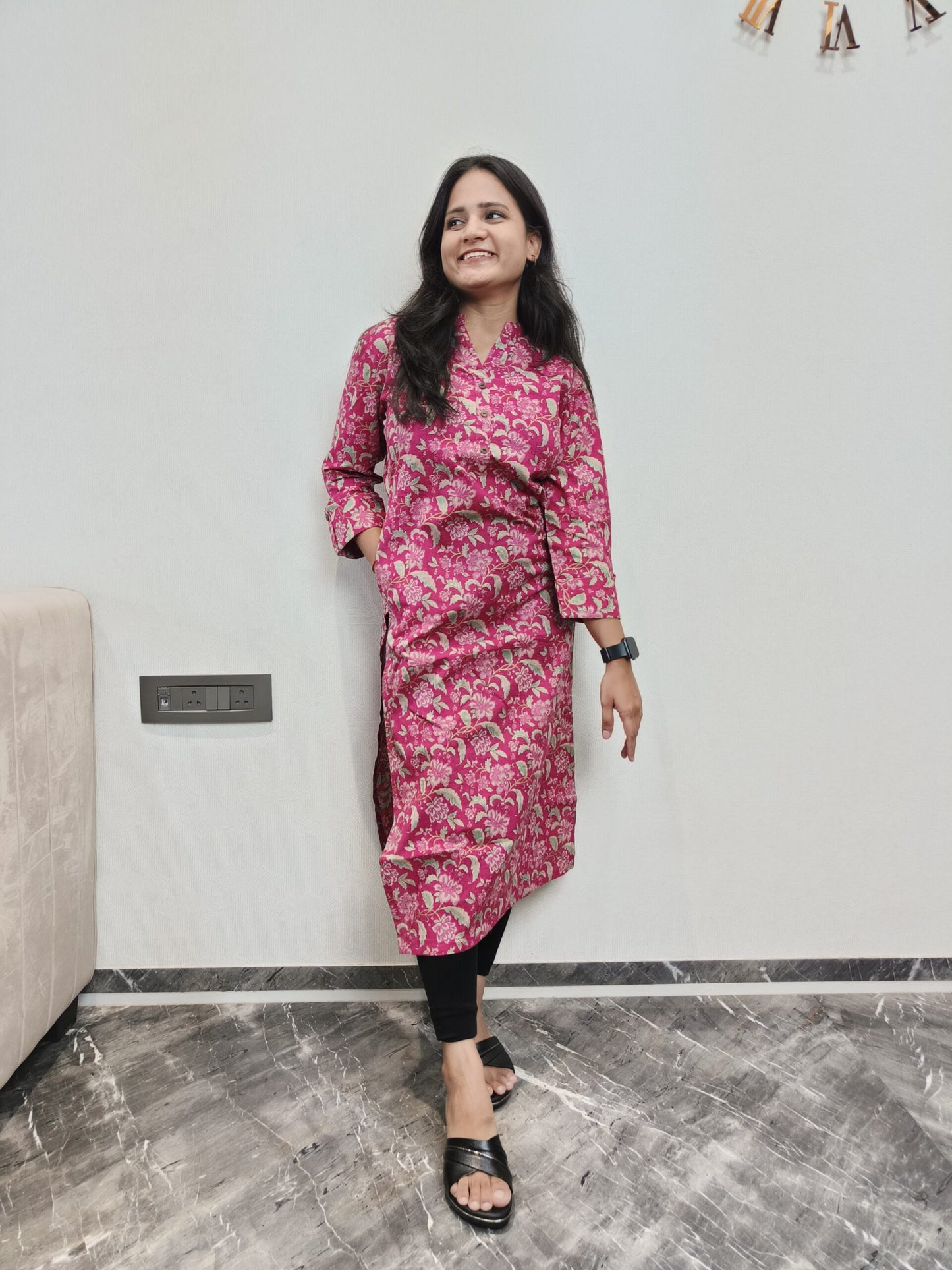 Rani pink floral print long kurta