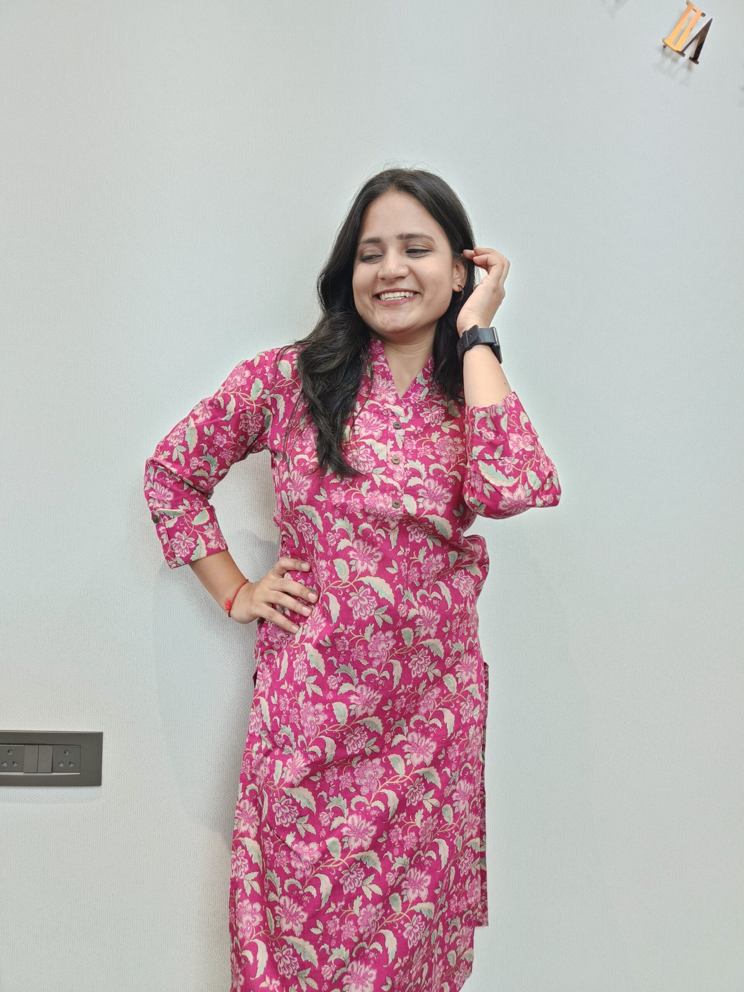 Rani pink floral print long kurta