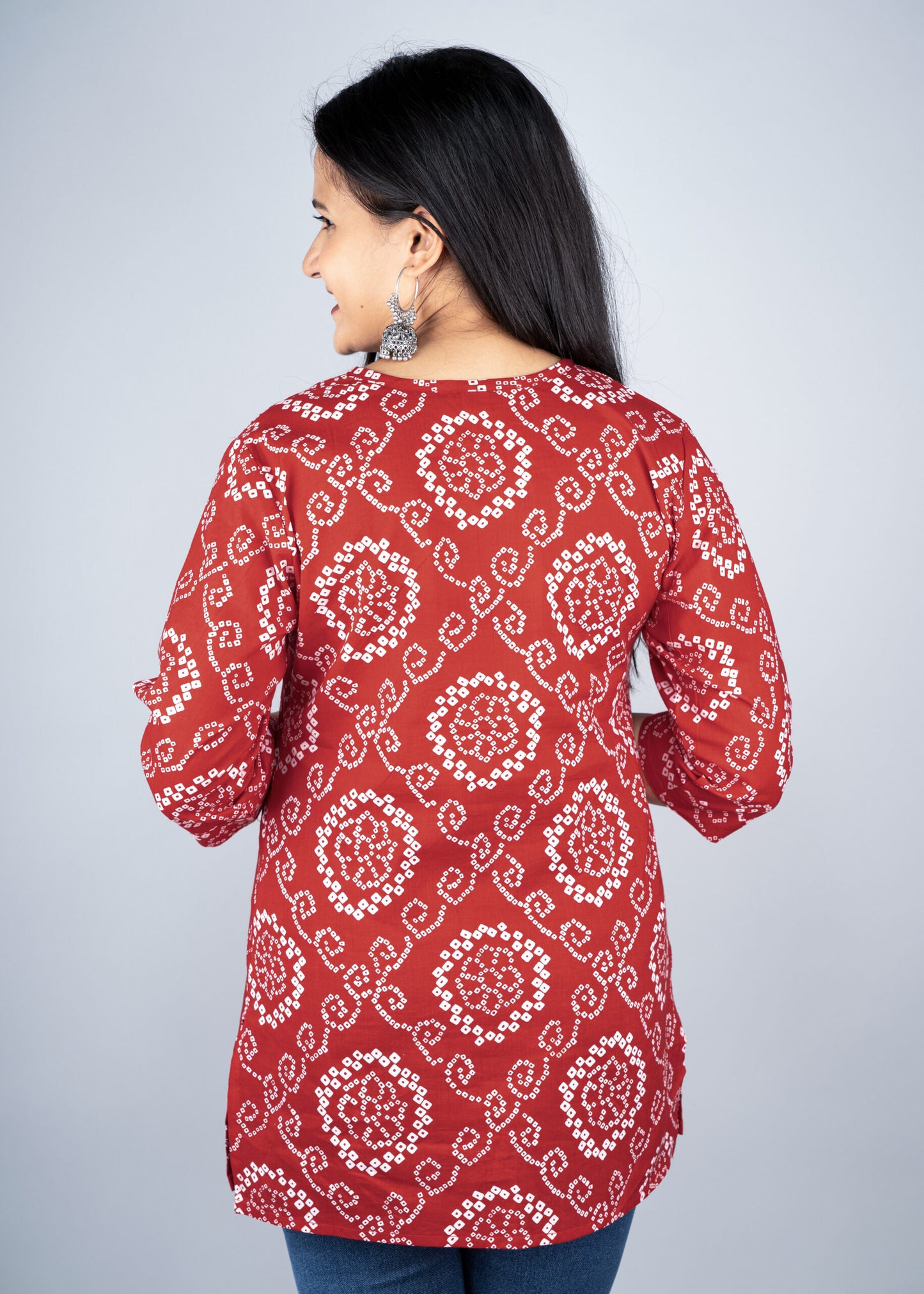 Red bandhani print pintex short kurta