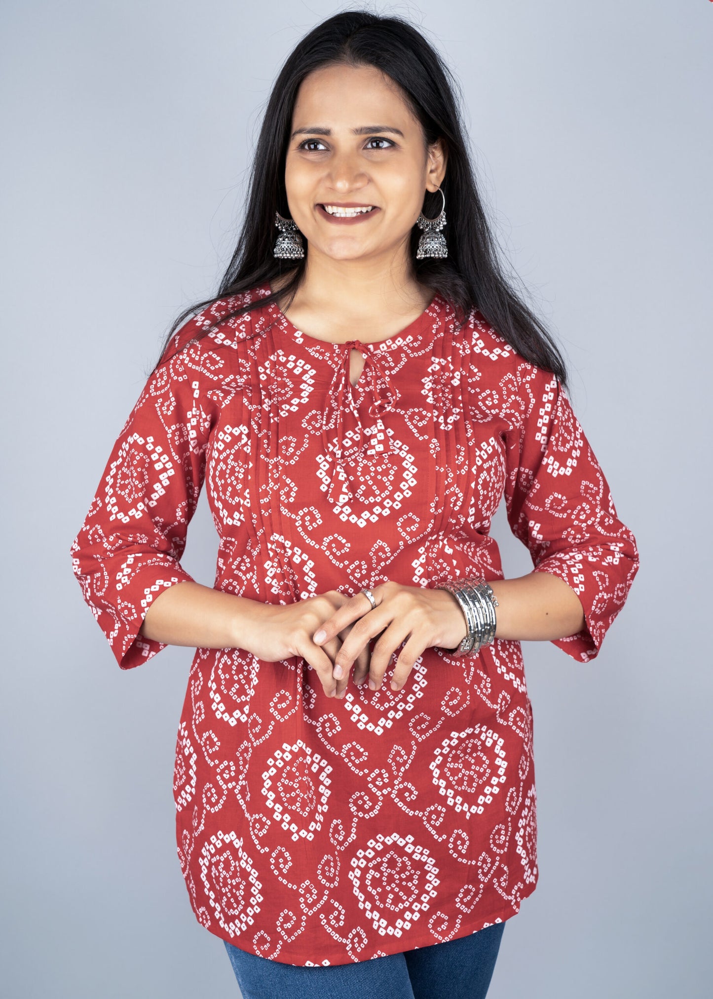 Red bandhani print pintex short kurta