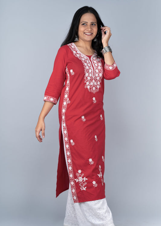 Red Chikankari Long Kurta