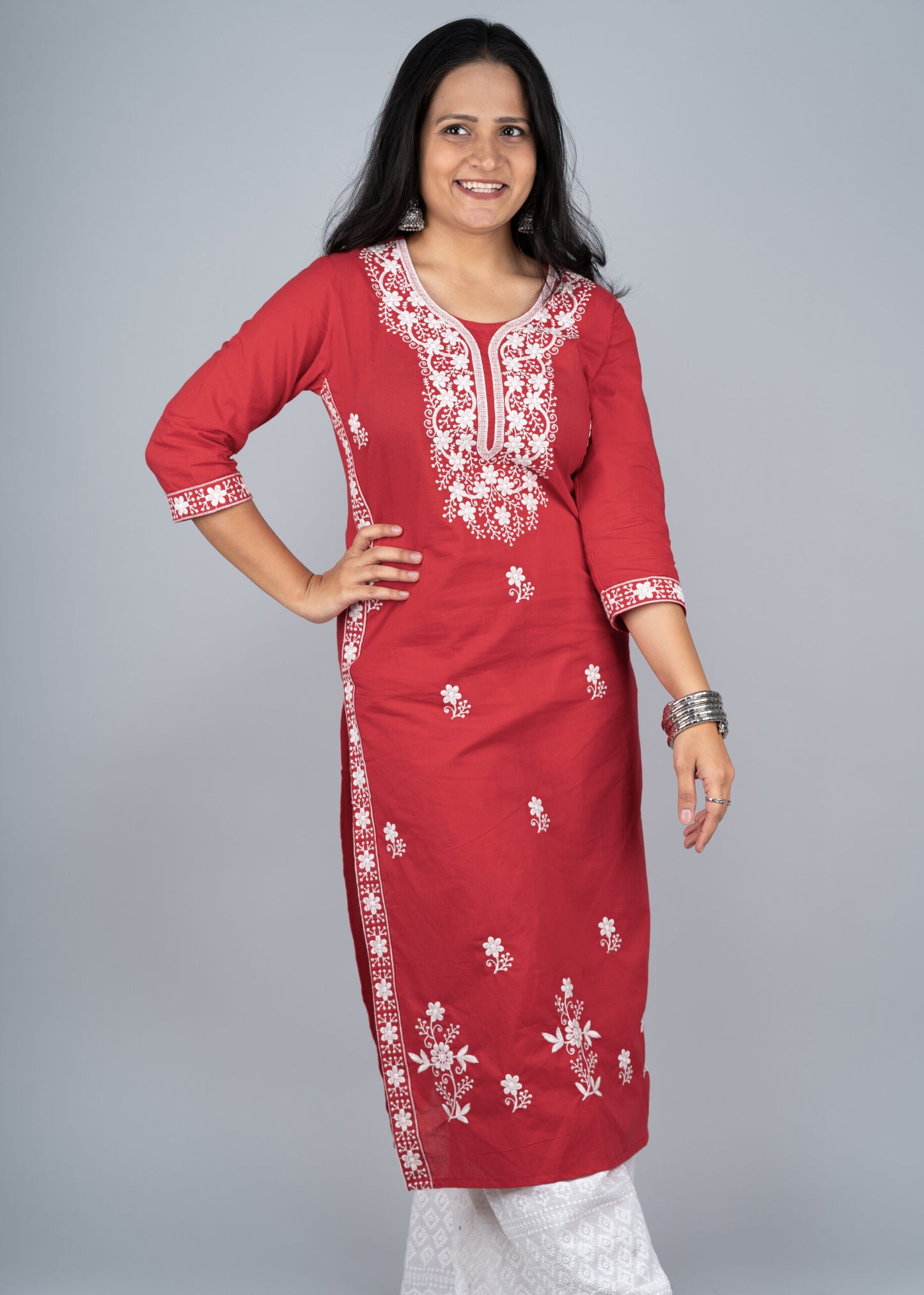 Red Chikankari Long Kurta