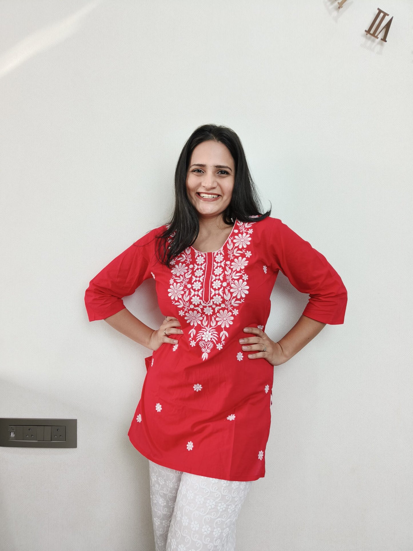 Red Chikankari Short Kurta