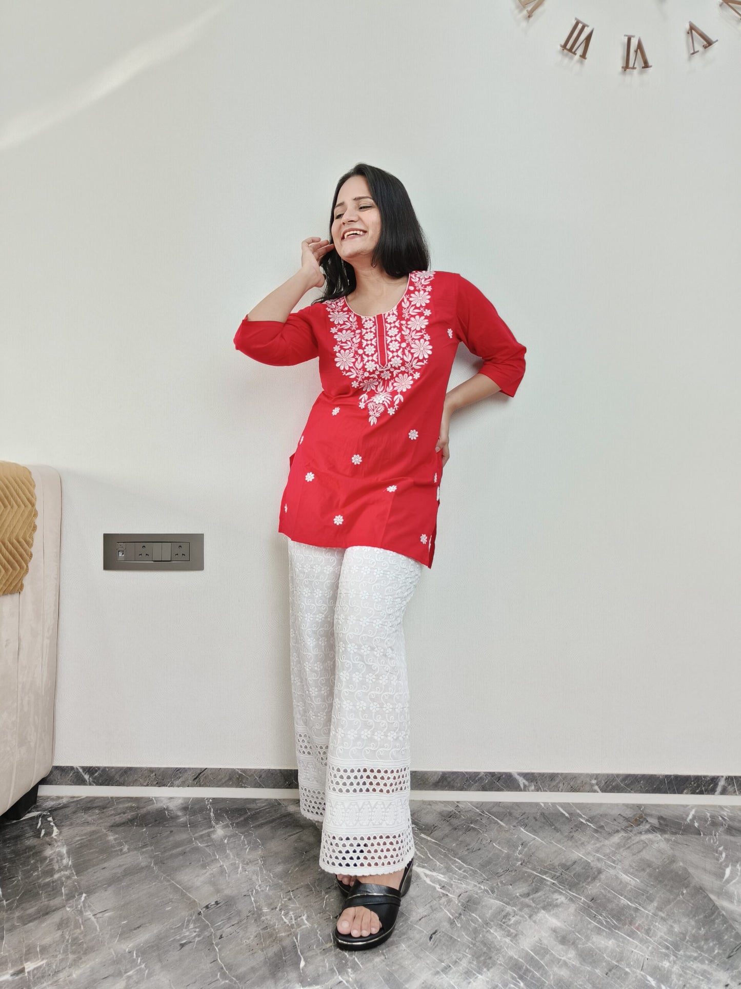 Red Chikankari Short Kurta