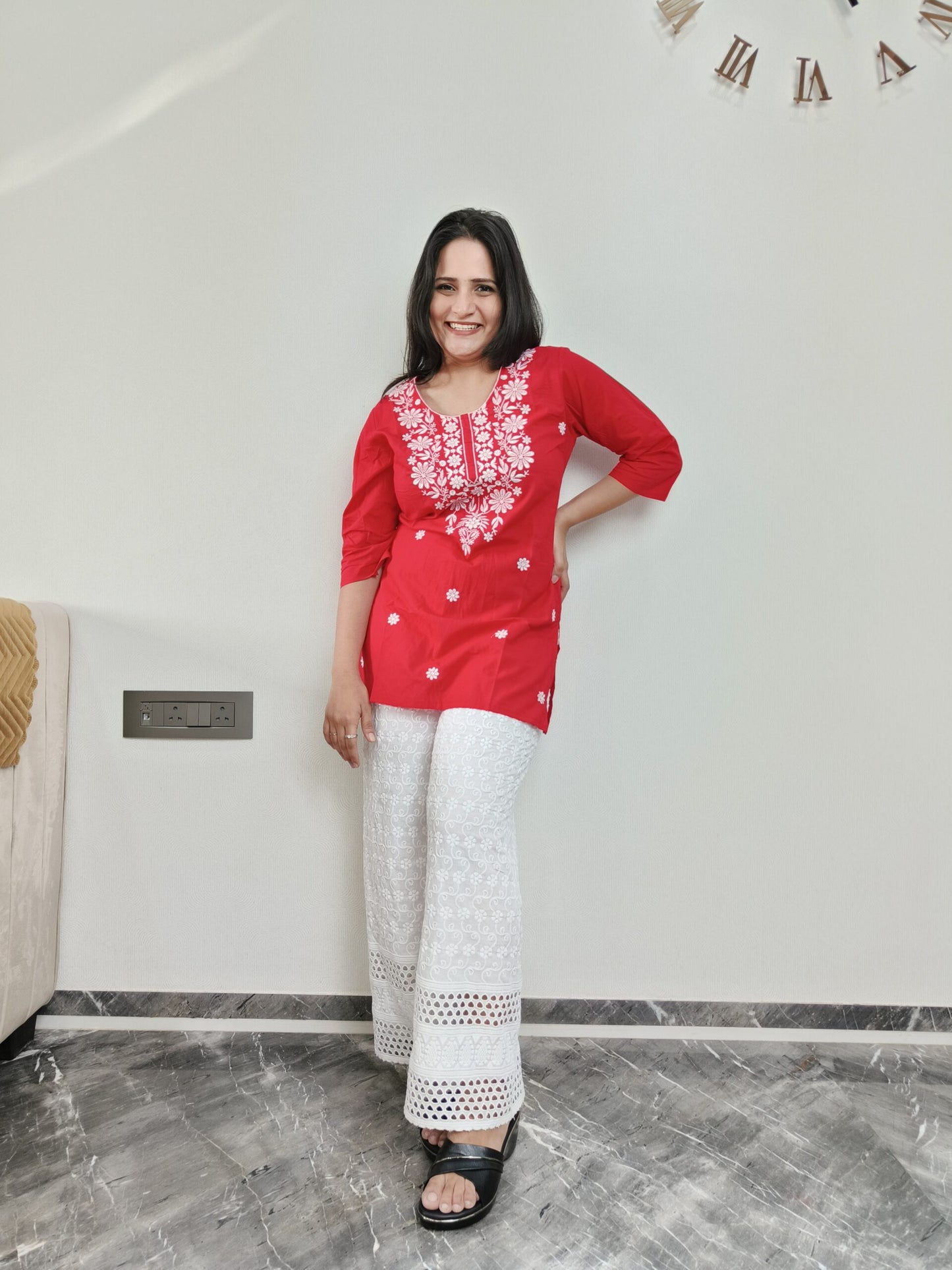 Red Chikankari Short Kurta