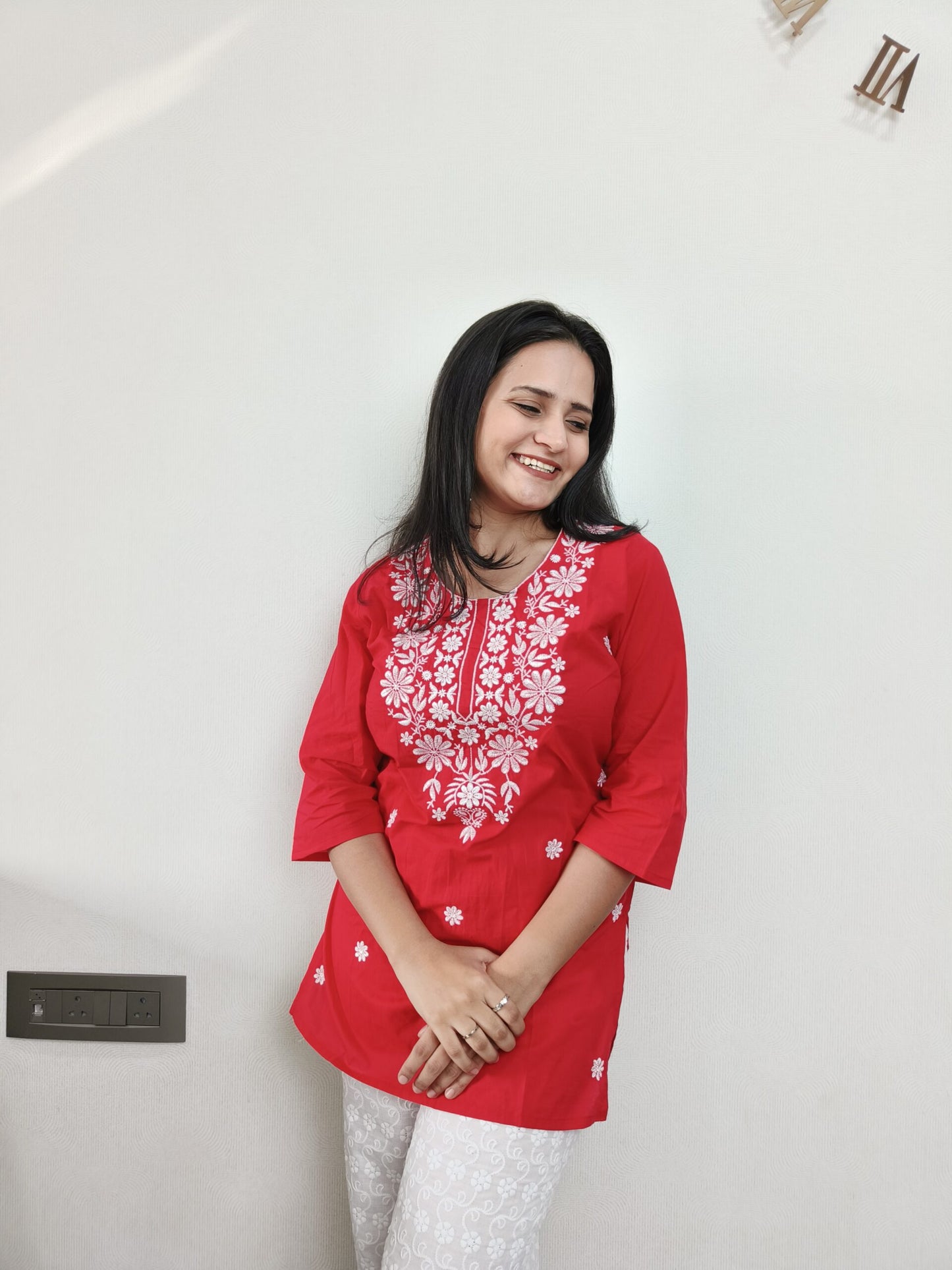 Red Chikankari Short Kurta