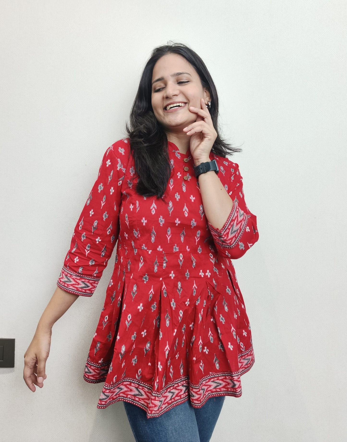 Red geometric print peplum short kurta