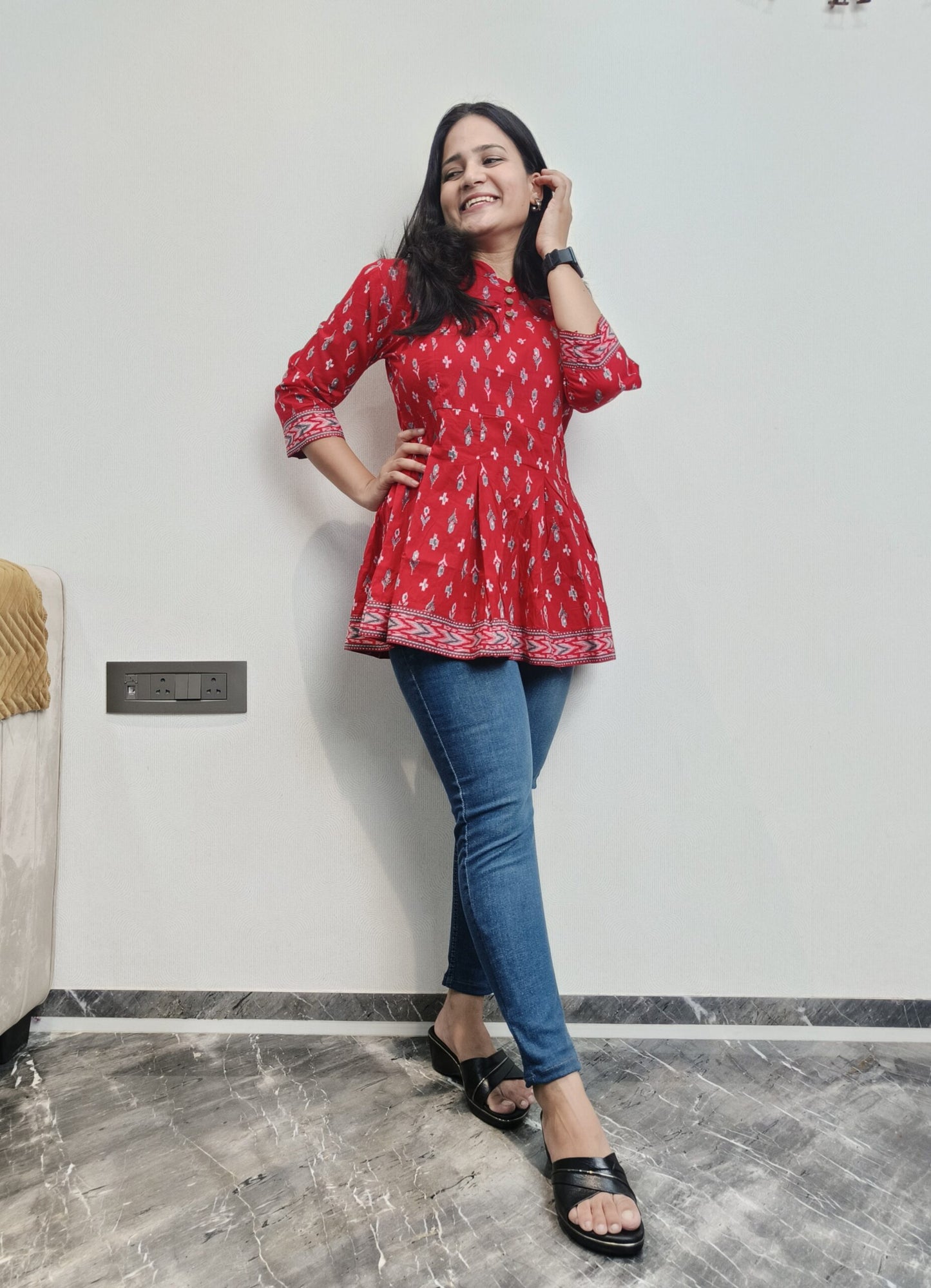 Red geometric print peplum short kurta