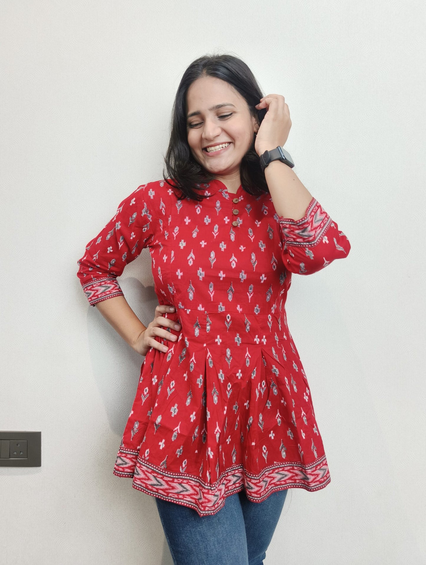 Red geometric print peplum short kurta