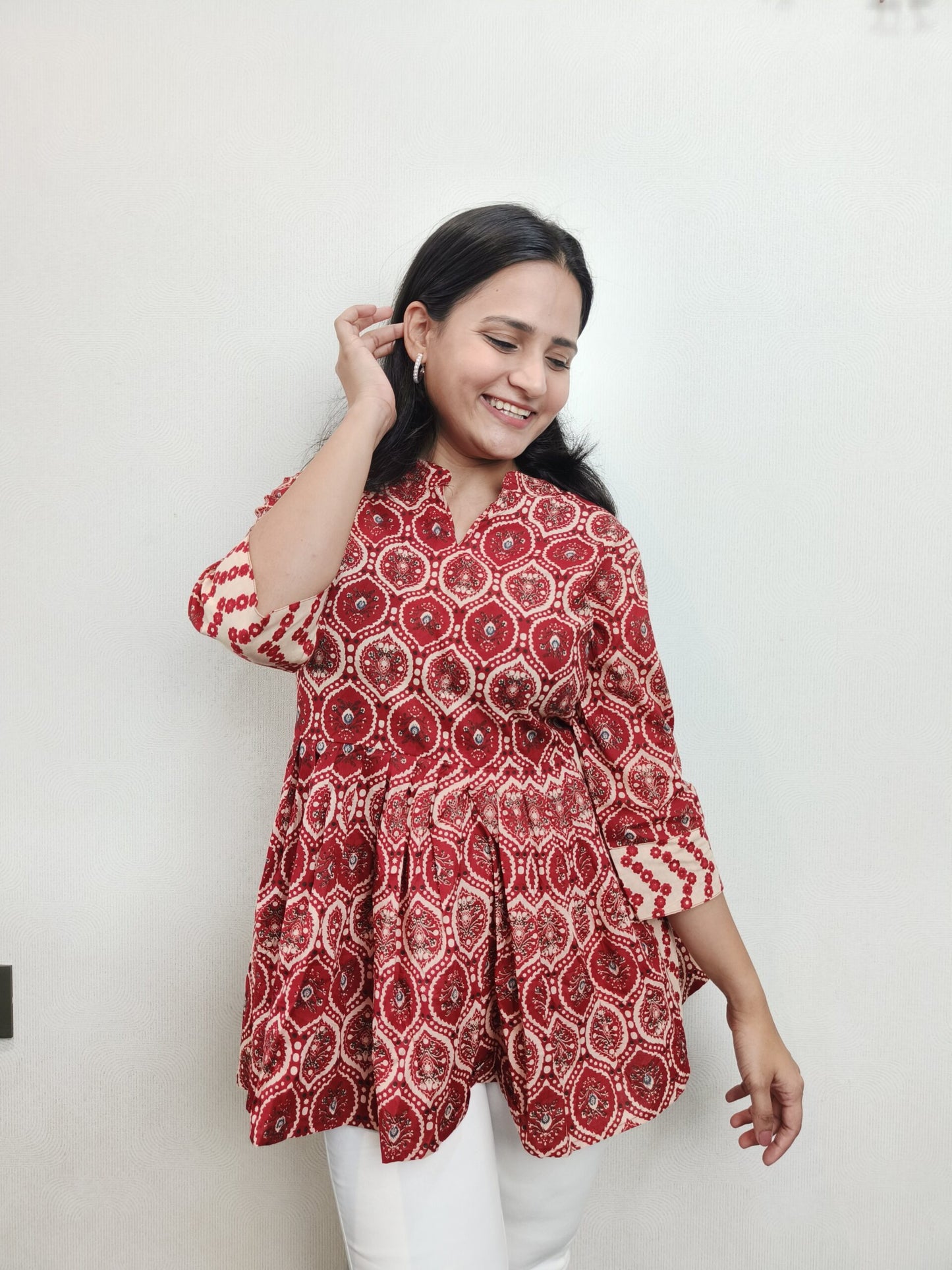 Red motif printed Nayra cut short kurta