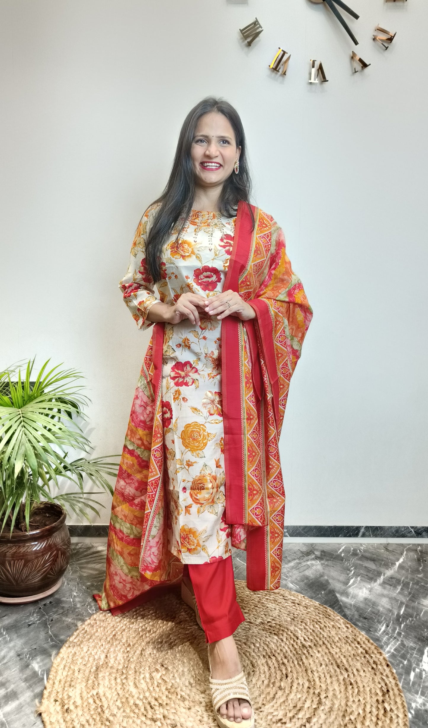 Red Floral Muslin Suit set