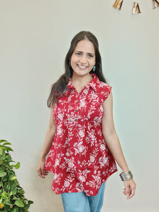 Red Floral Pintex Short Kurta