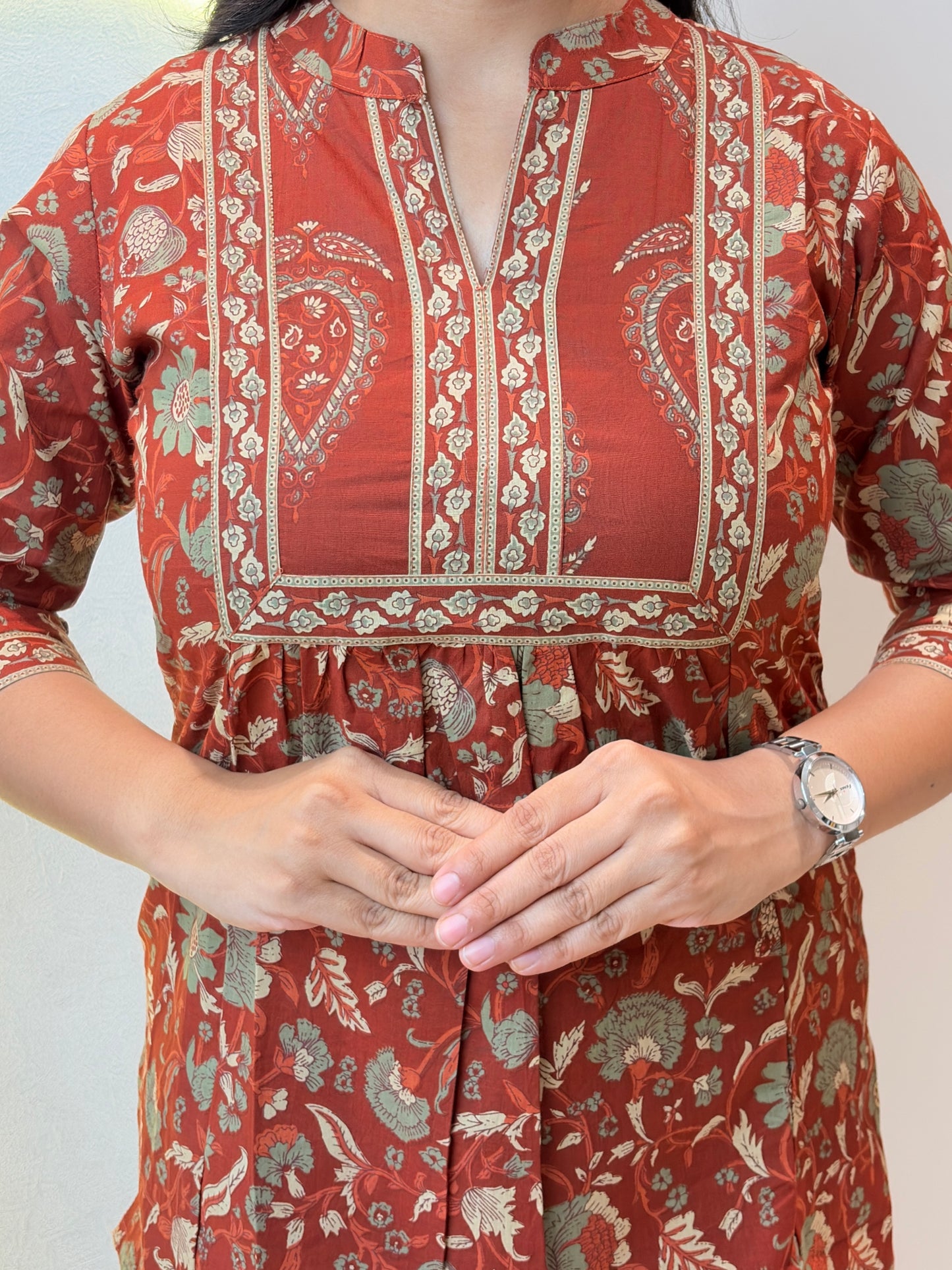 Red Ethnic Motif Jaal Printed Short Kurta
