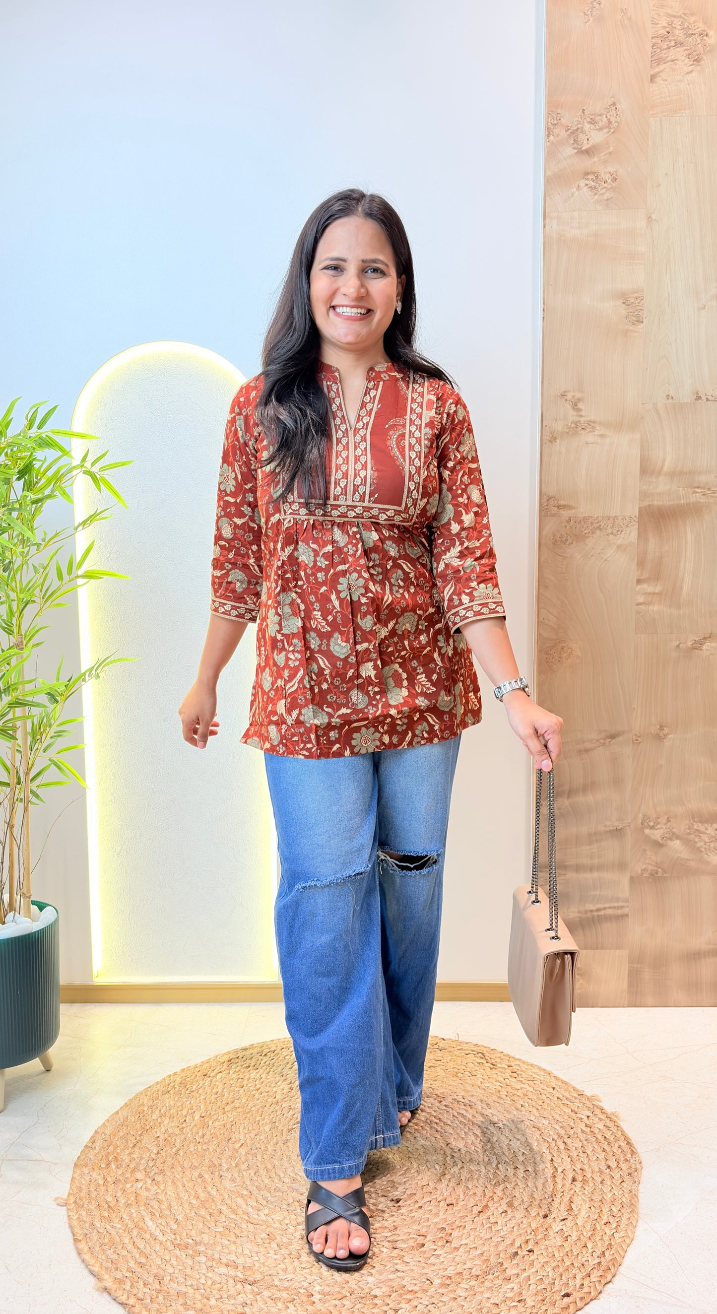 Red Ethnic Motif Jaal Printed Short Kurta