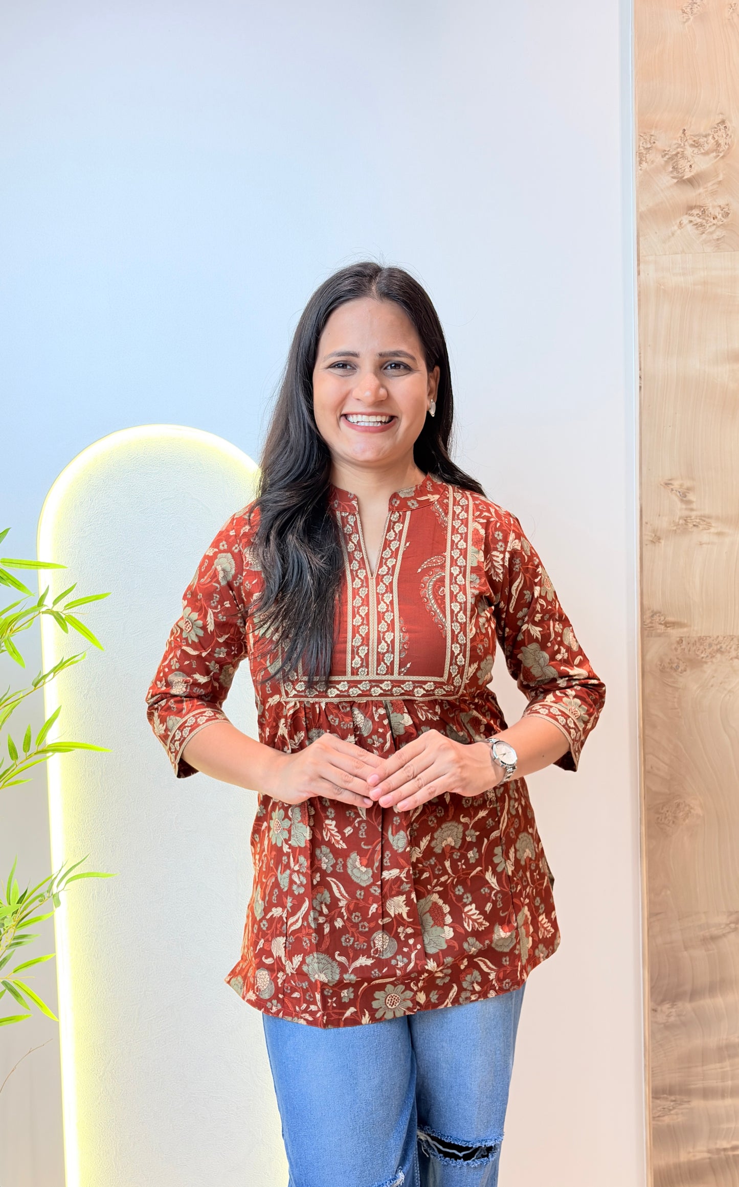 Red Ethnic Motif Jaal Printed Short Kurta