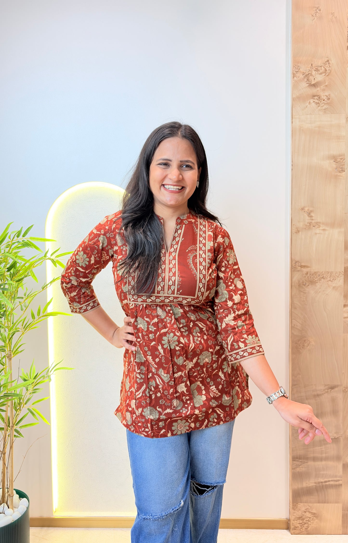 Red Ethnic Motif Jaal Printed Short Kurta