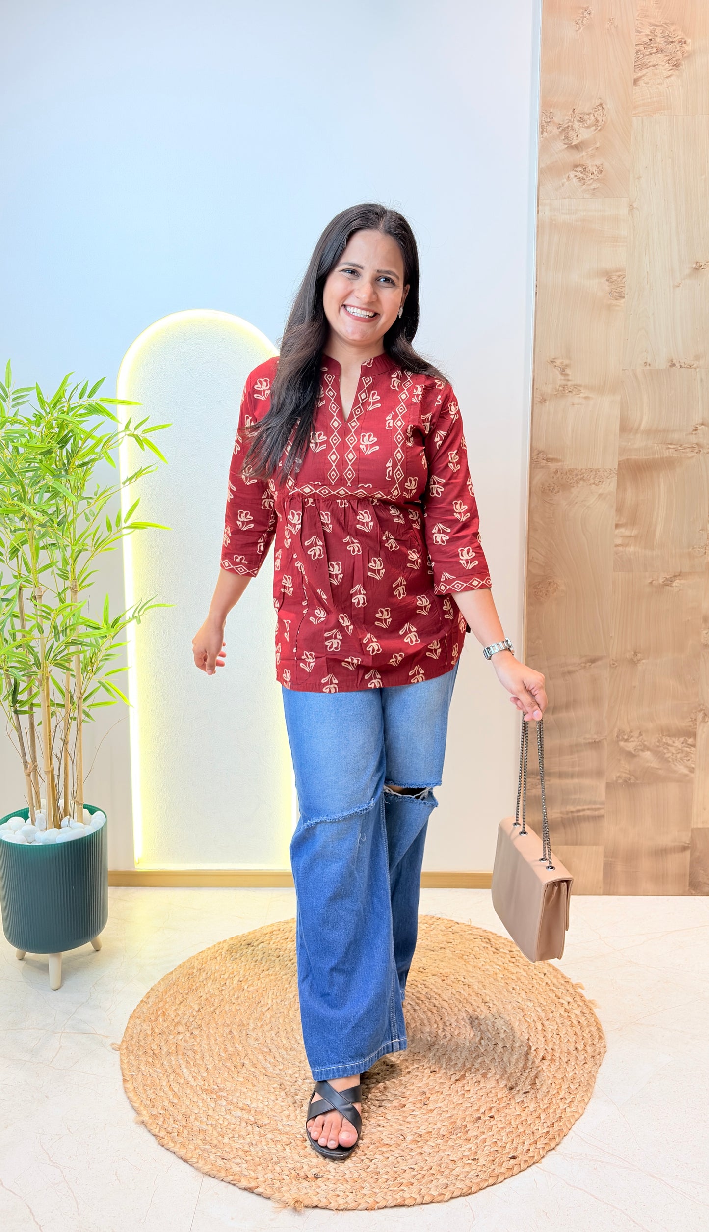 Red Floral Printed Short Kurta