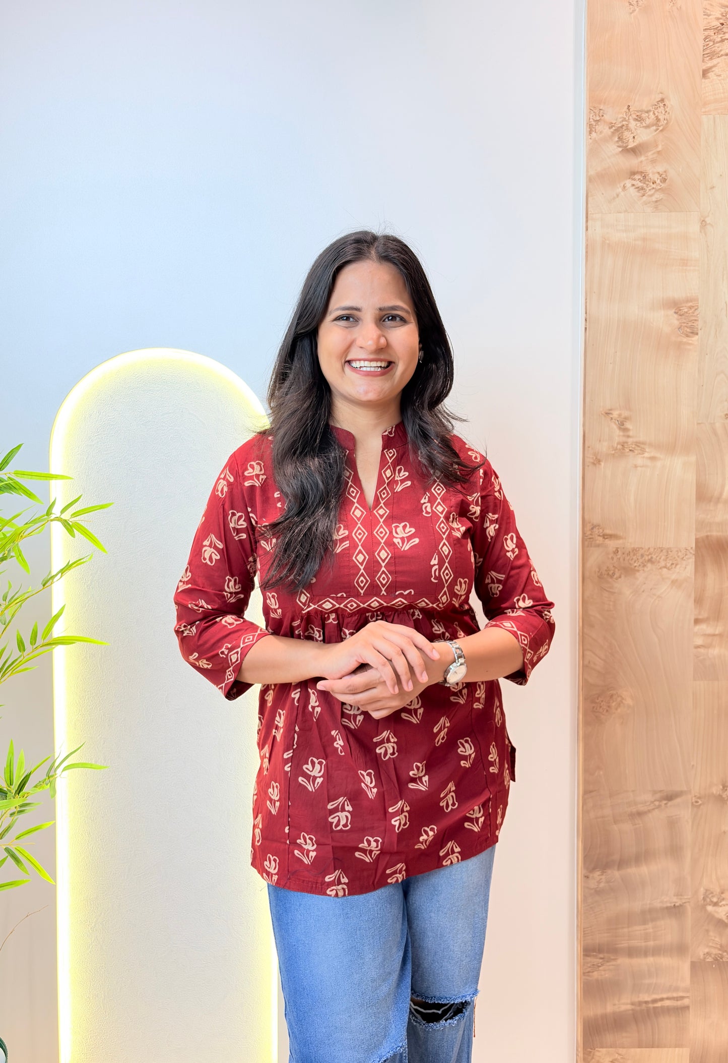 Red Floral Printed Short Kurta
