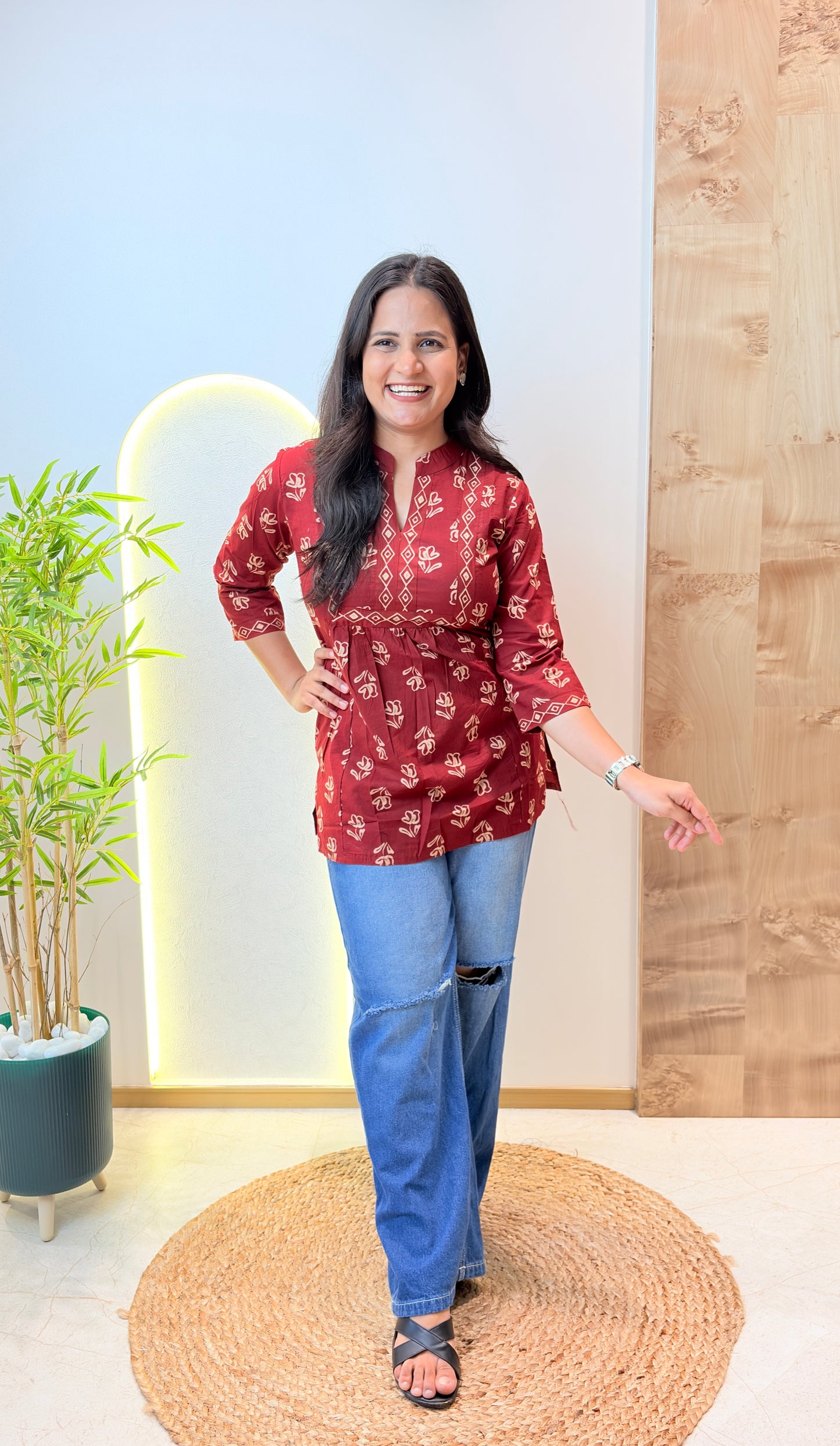 Red Floral Printed Short Kurta