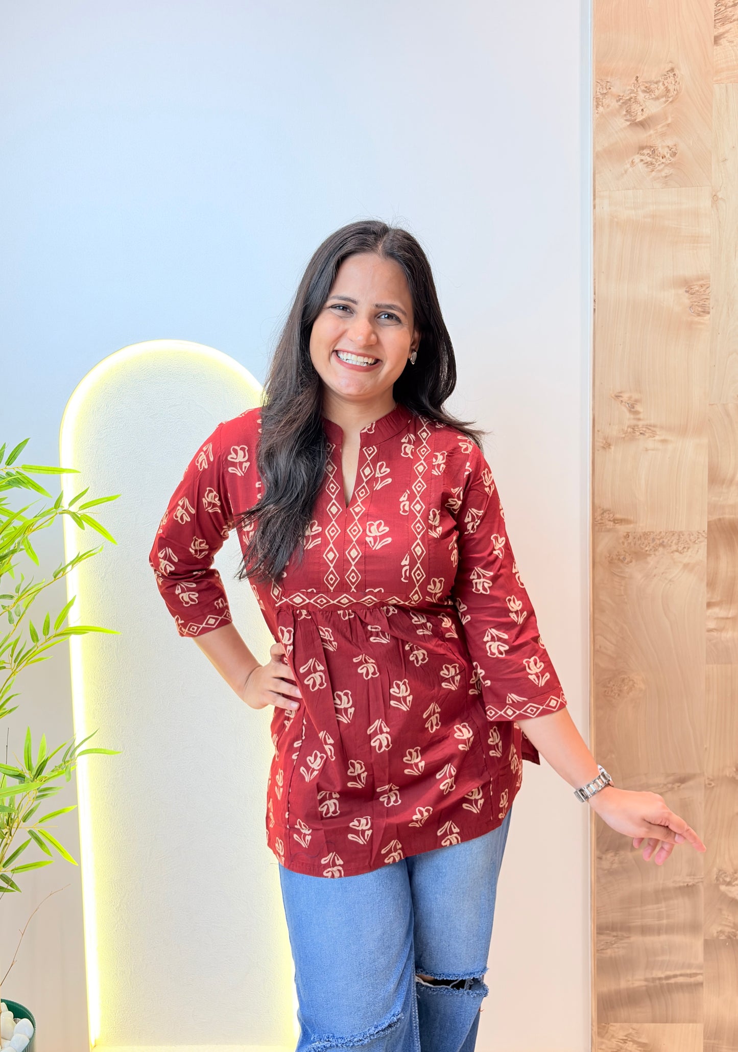 Red Floral Printed Short Kurta