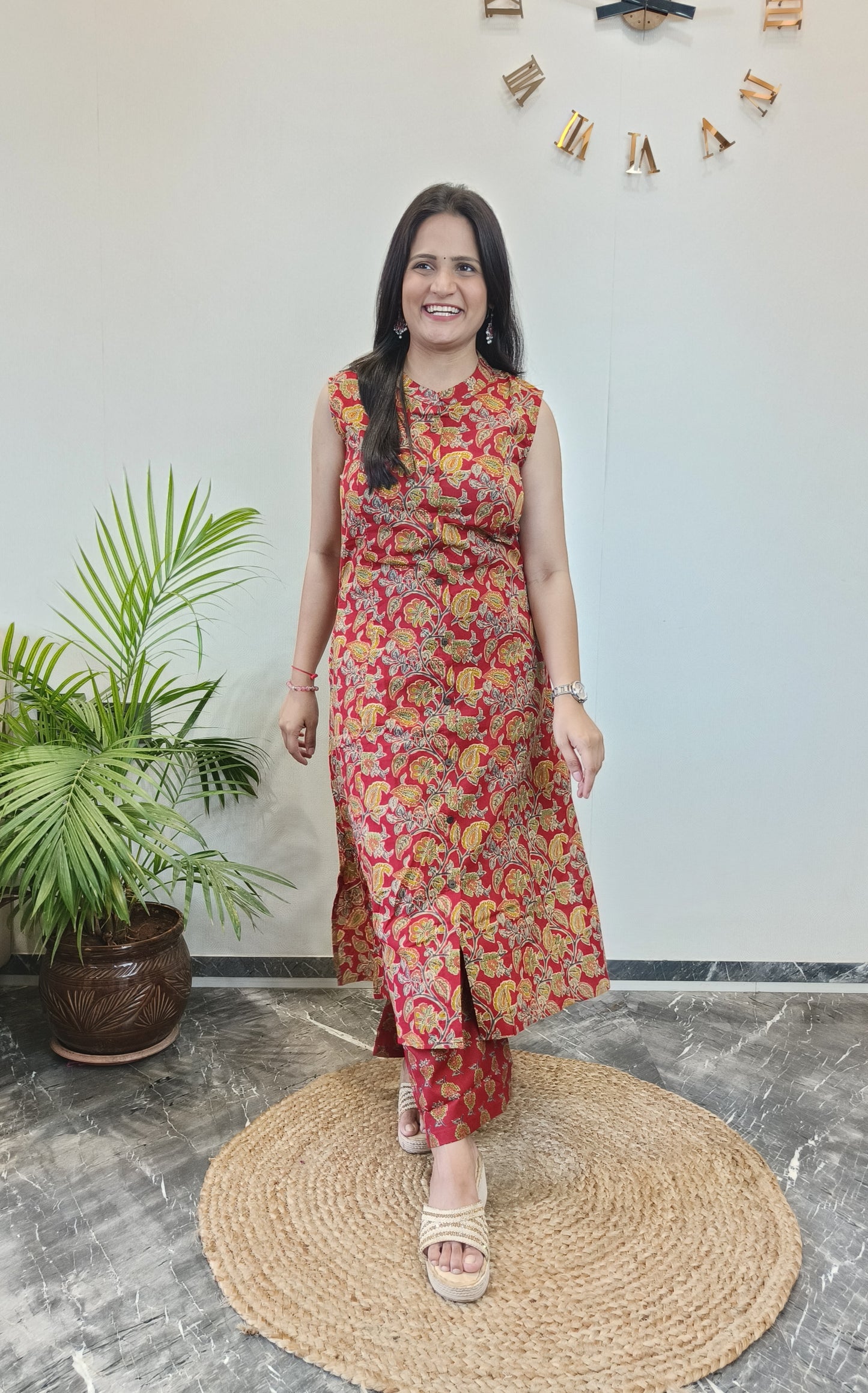Red jaal floral print A-line kurta set