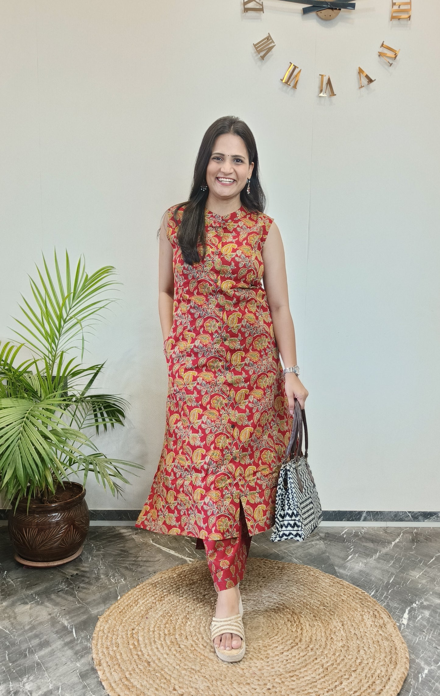 Red jaal floral print A-line kurta set
