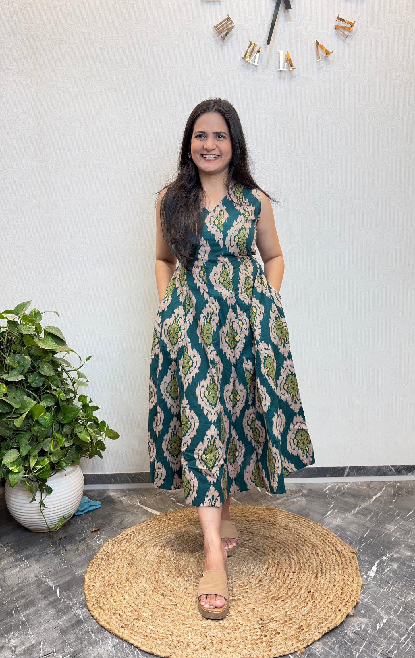 "Reya" Ikat Green Pure Cotton Dress