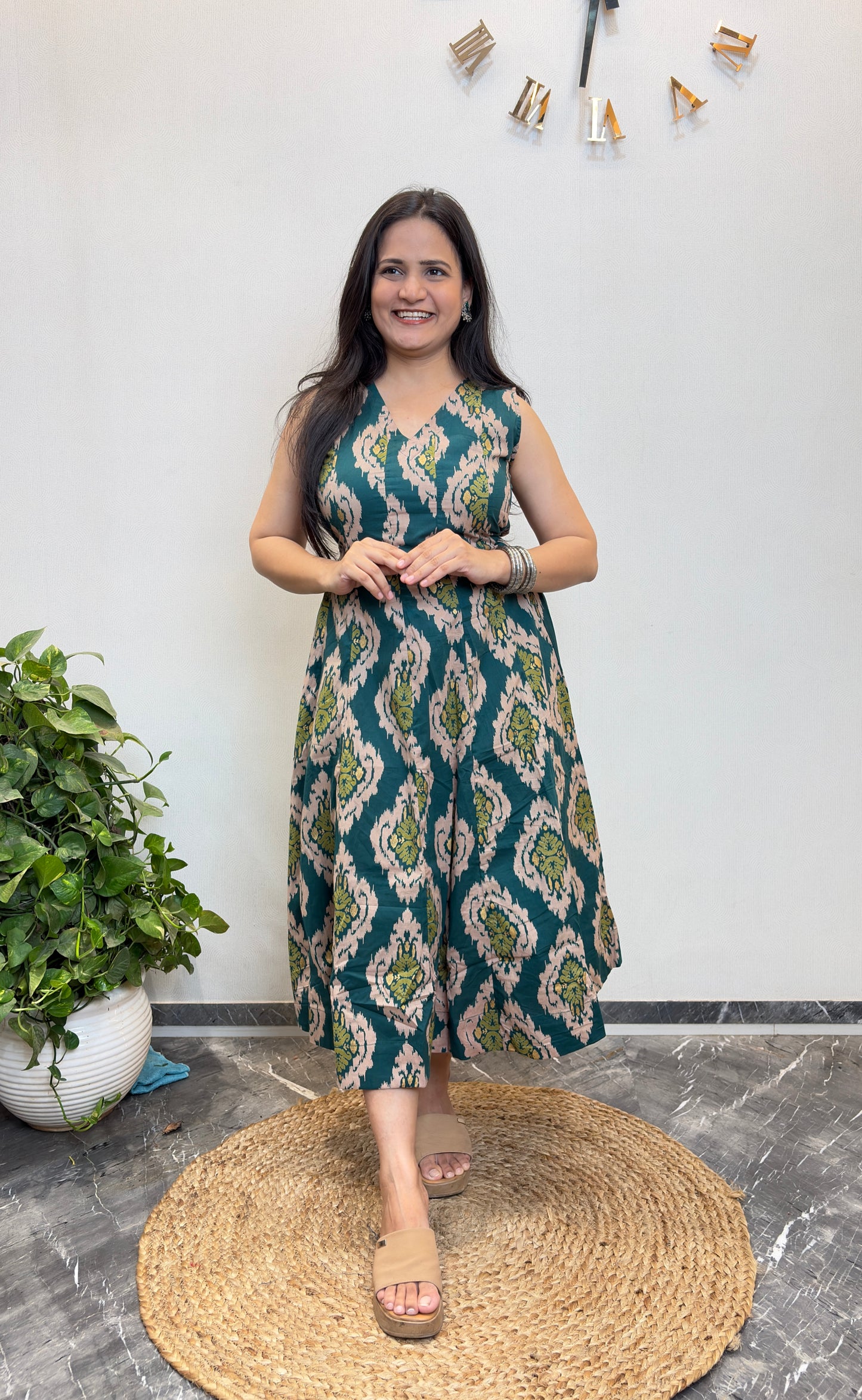 "Reya" Ikat Green Pure Cotton Dress