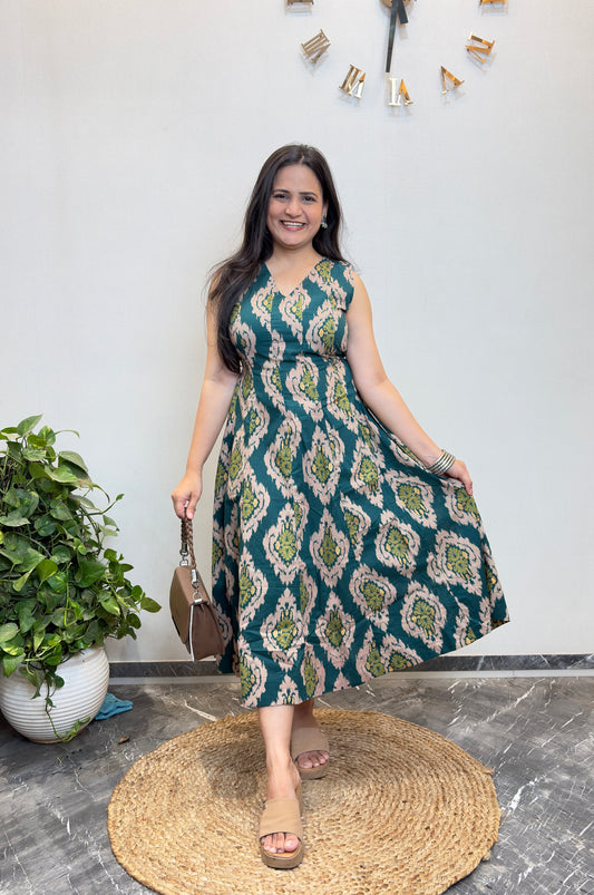 "Reya" Ikat Green Pure Cotton Dress