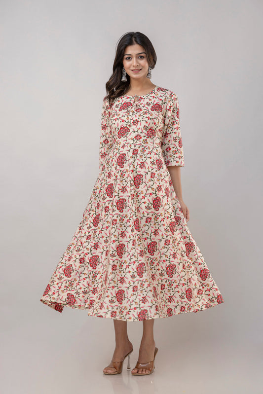 "Roohi" Floral Print Pure Cotton Umbrella Dress