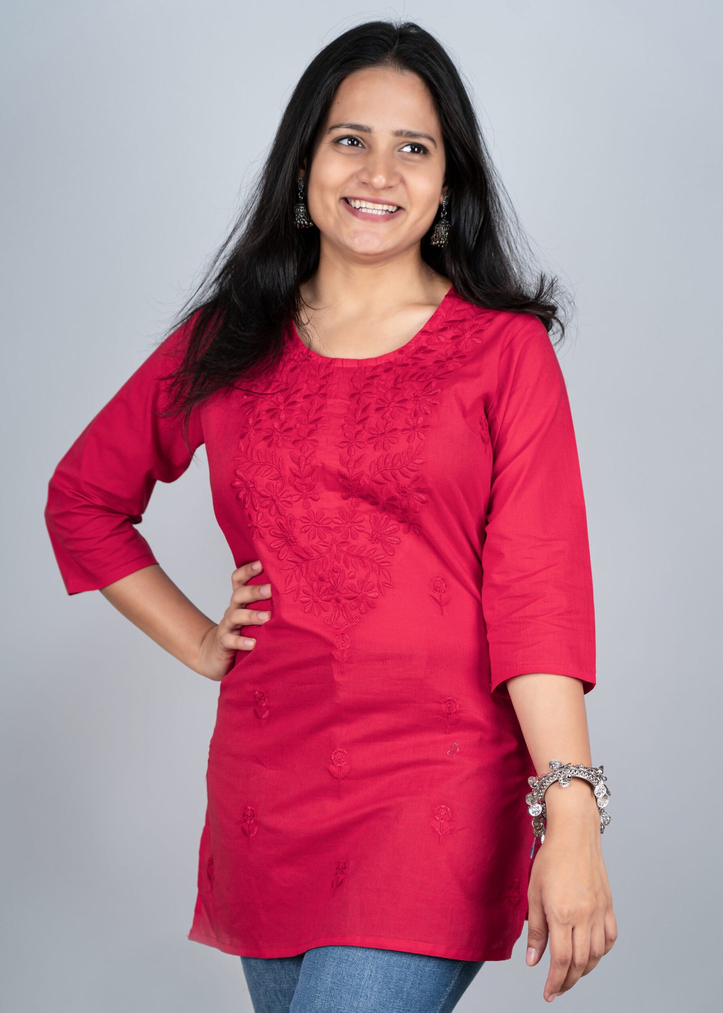 Rosy Red Chikankari Short Kurta