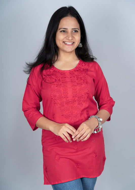 Rosy Red Chikankari Short Kurta