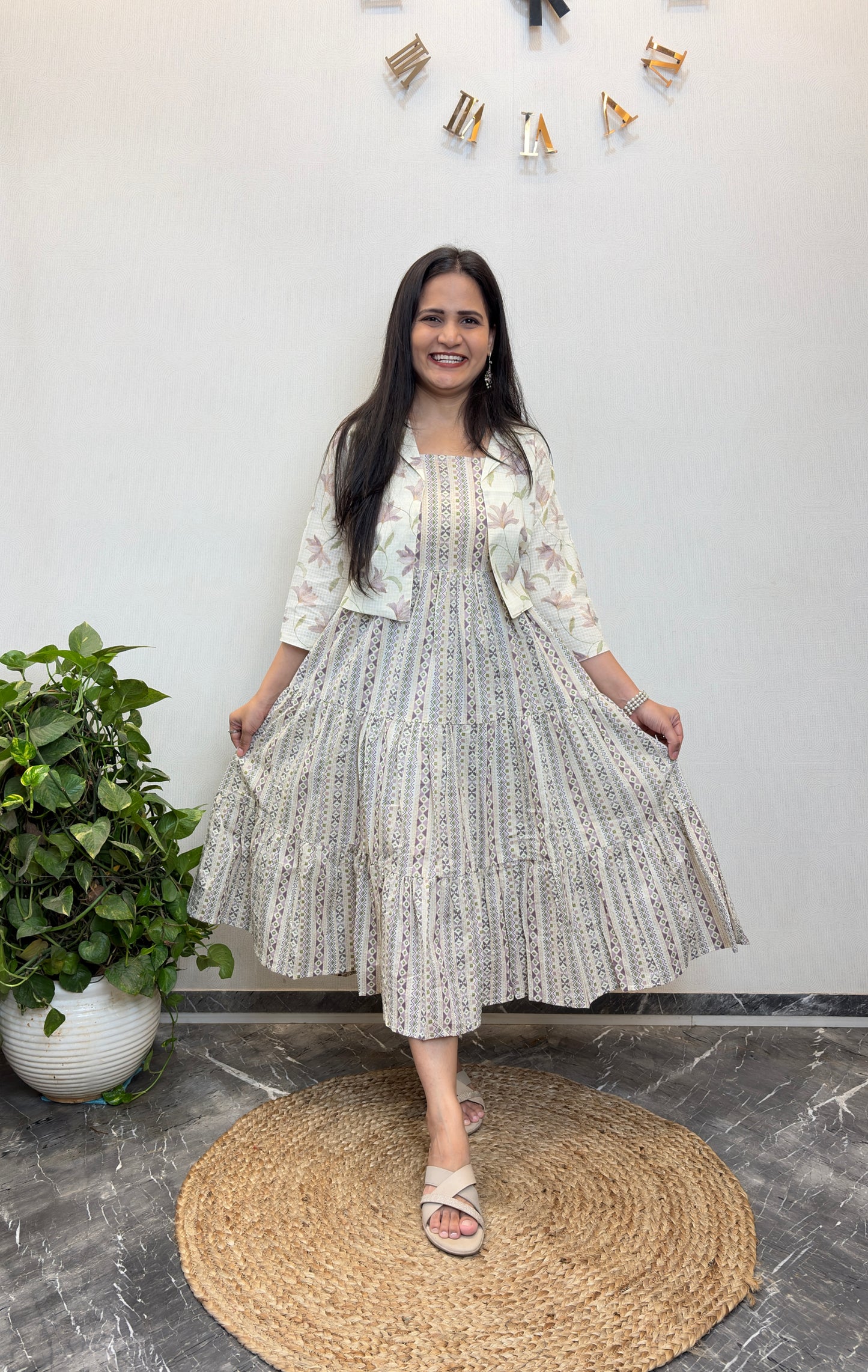 "Sakhi" Floral Cotton Dress with Printed Jacket