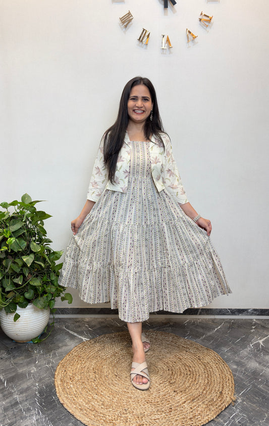 "Sakhi" Floral Cotton Dress with Printed Jacket