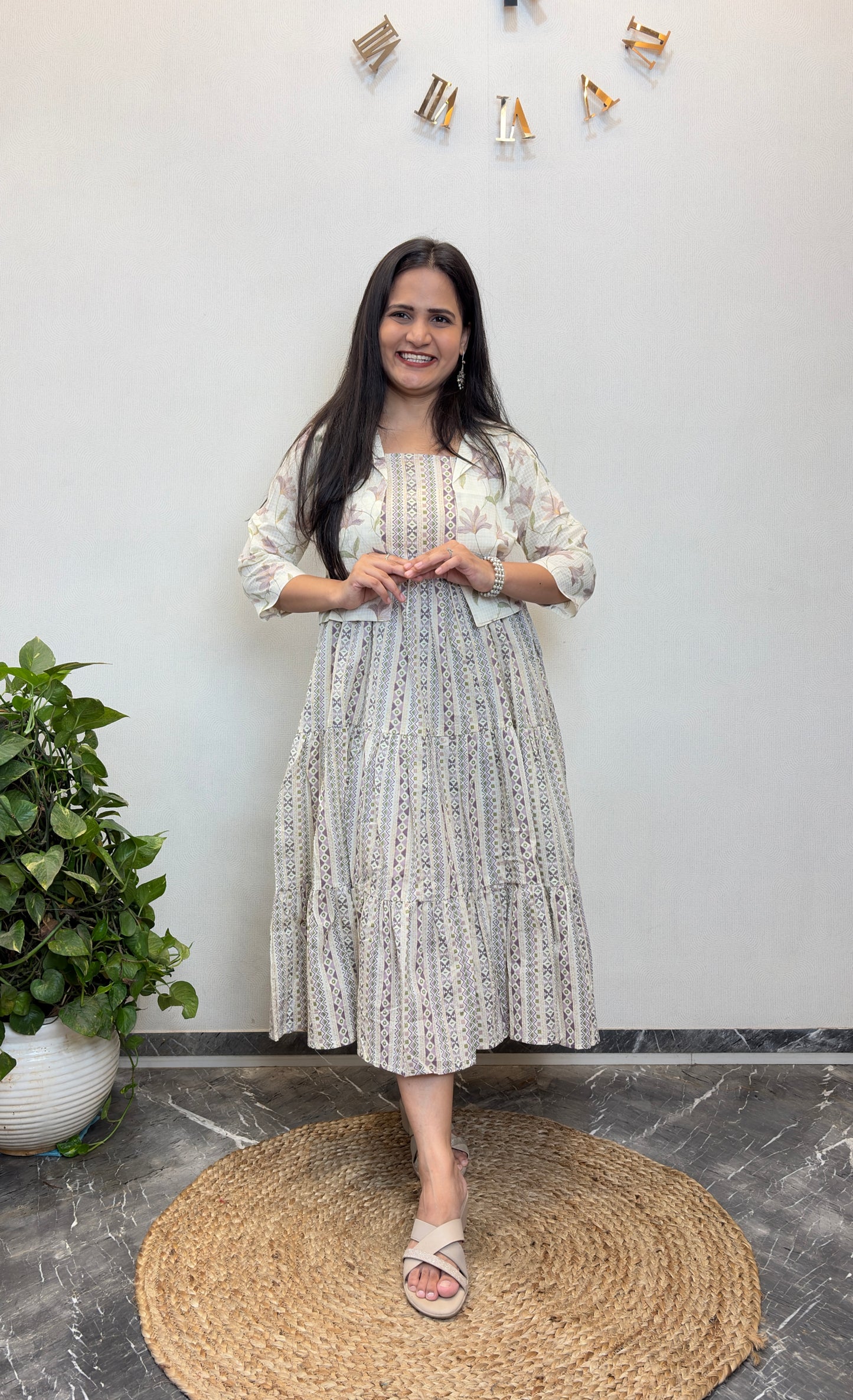 "Sakhi" Floral Cotton Dress with Printed Jacket