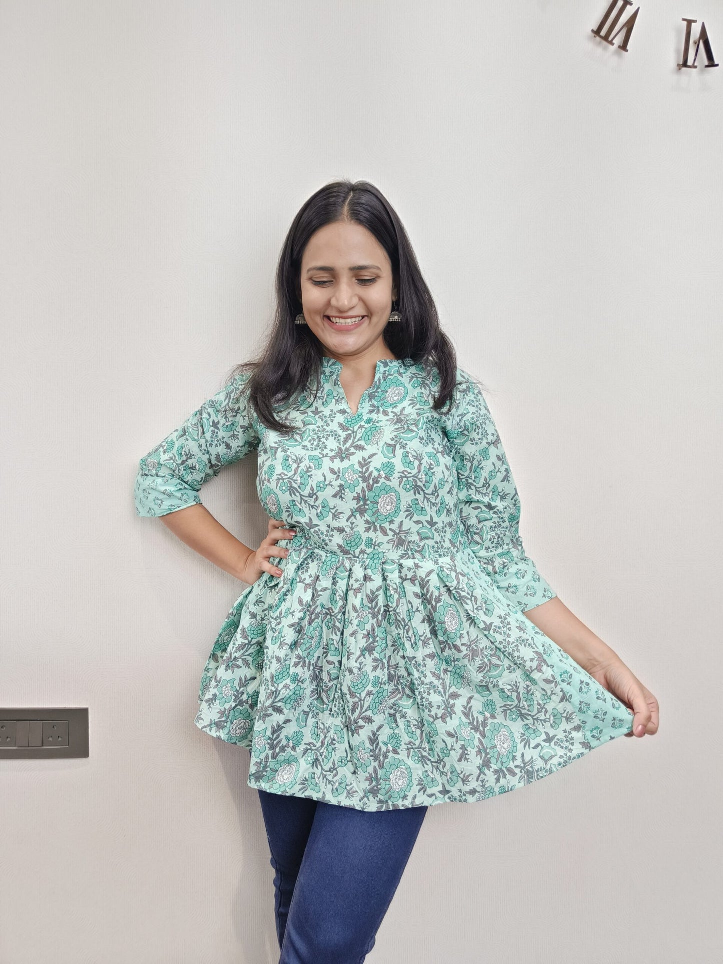 Sea green floral printed Nayra cut short kurta