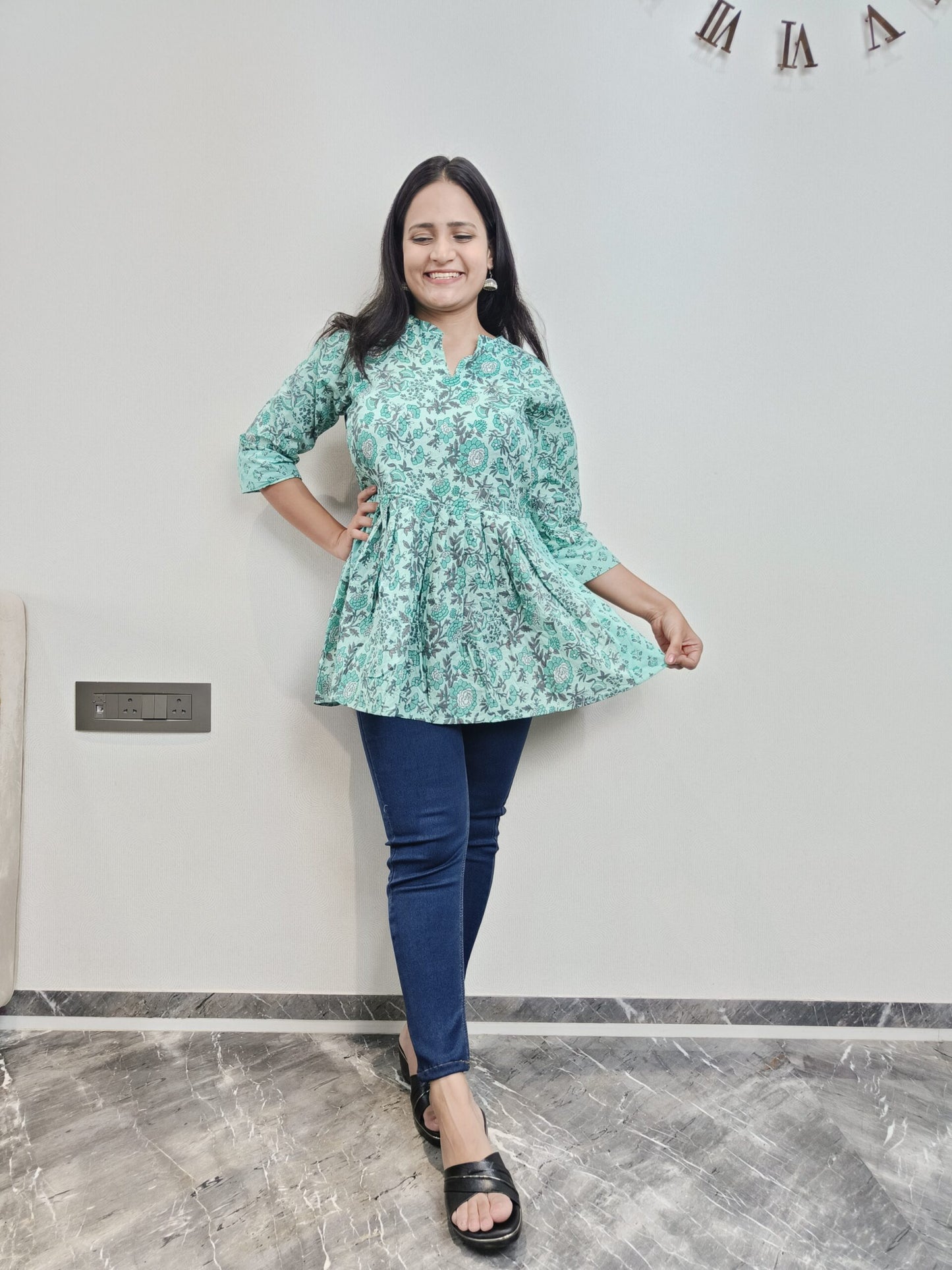 Sea green floral printed Nayra cut short kurta