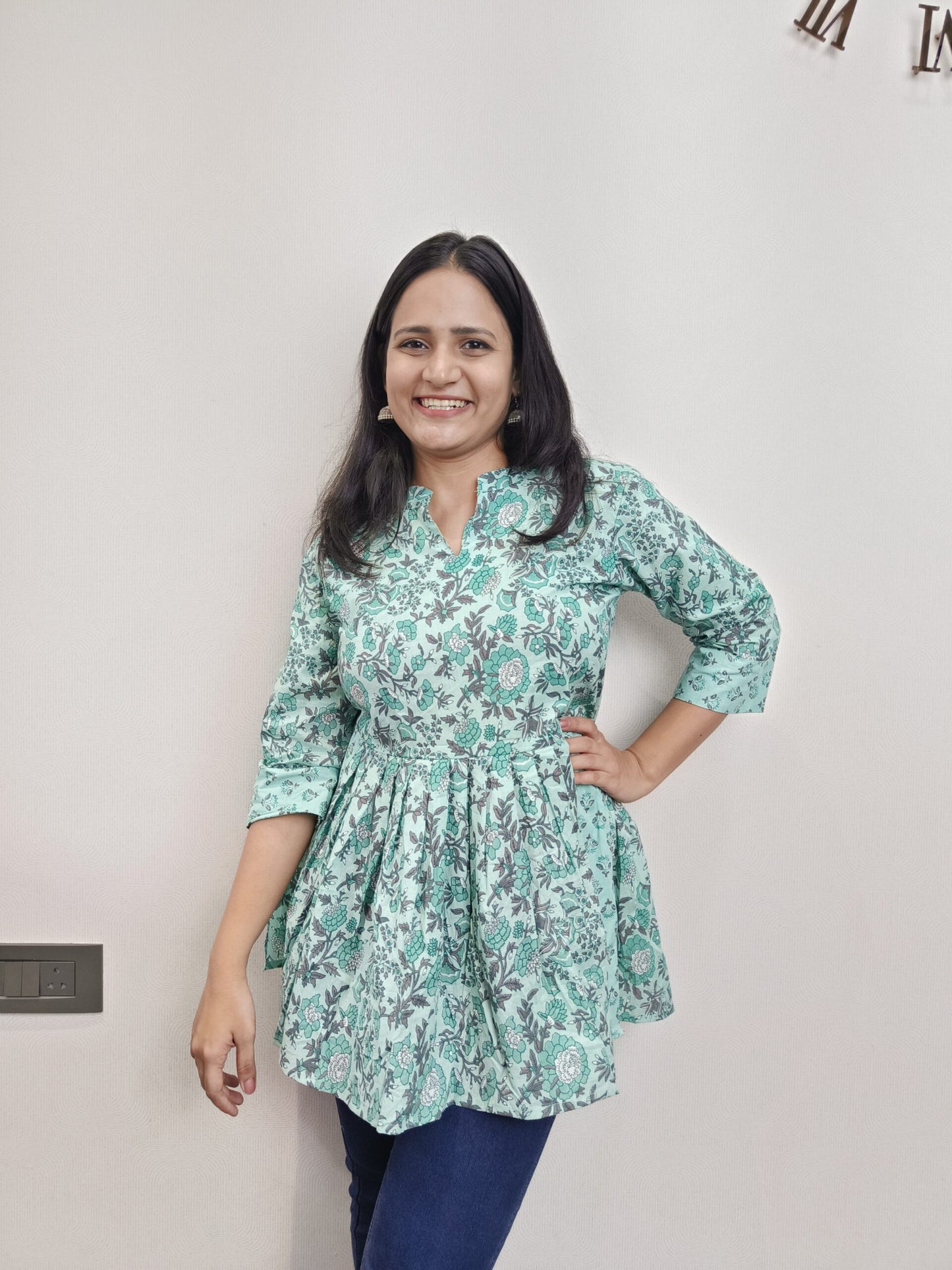 Sea green floral printed Nayra cut short kurta