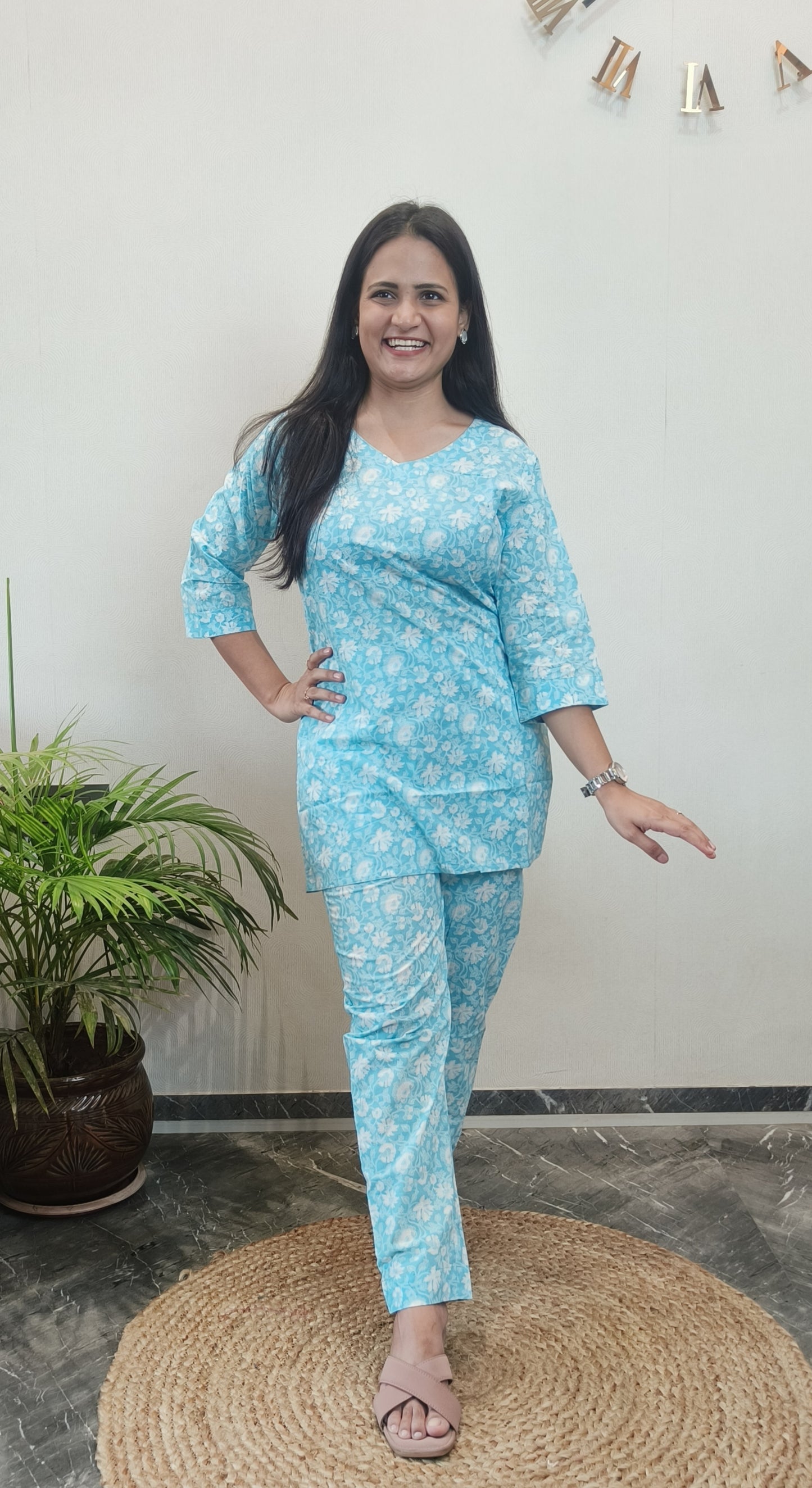 Sky Blue floral pure cotton co-ord set