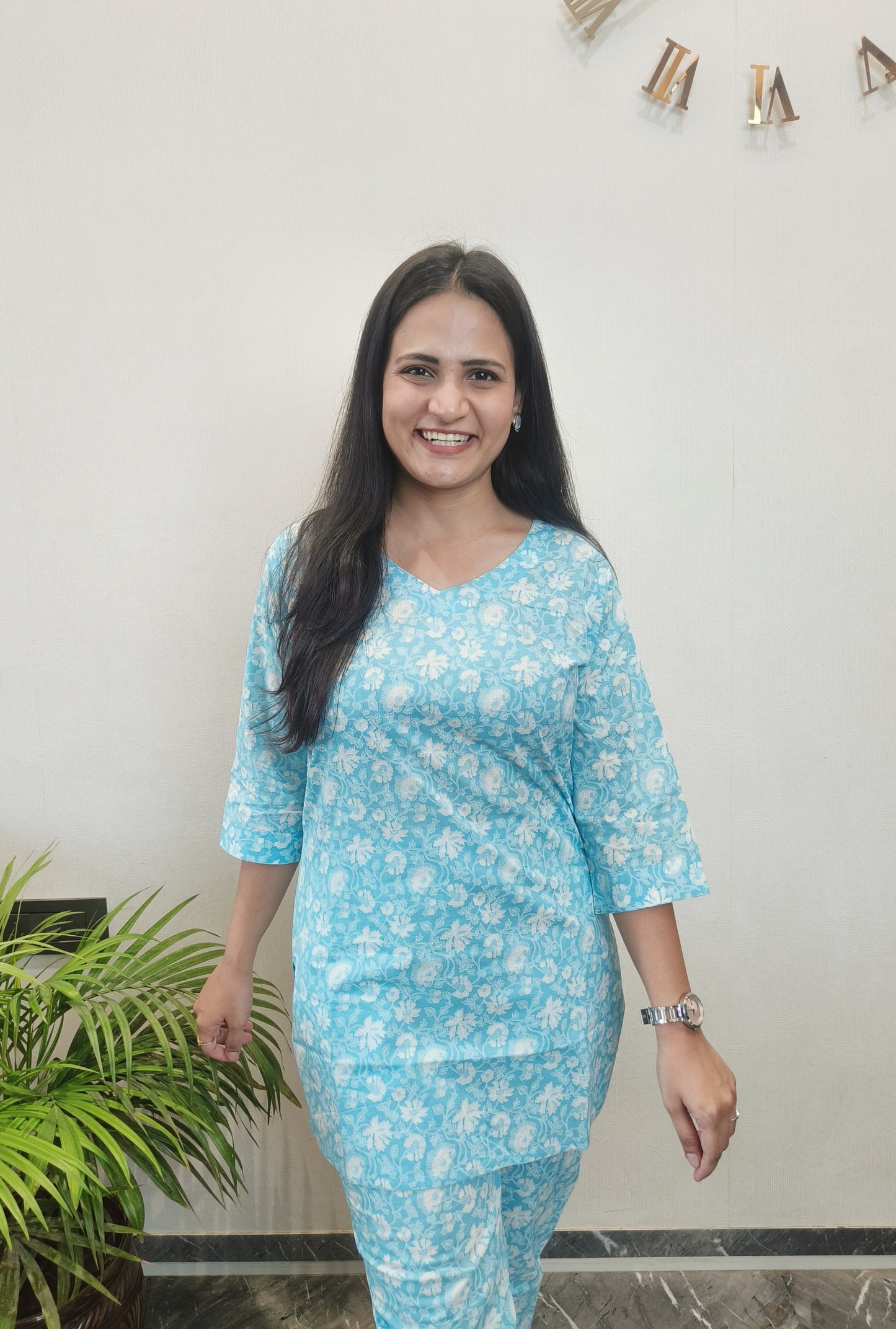 Sky Blue floral pure cotton co-ord set