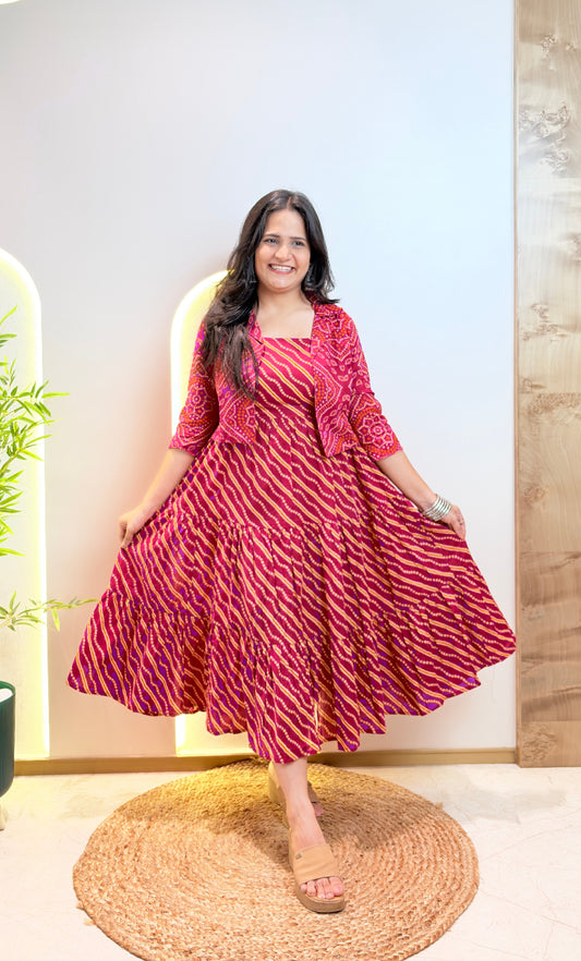 "Smriti" Rani Pink Lehriya Dress with Bandhej Jacket