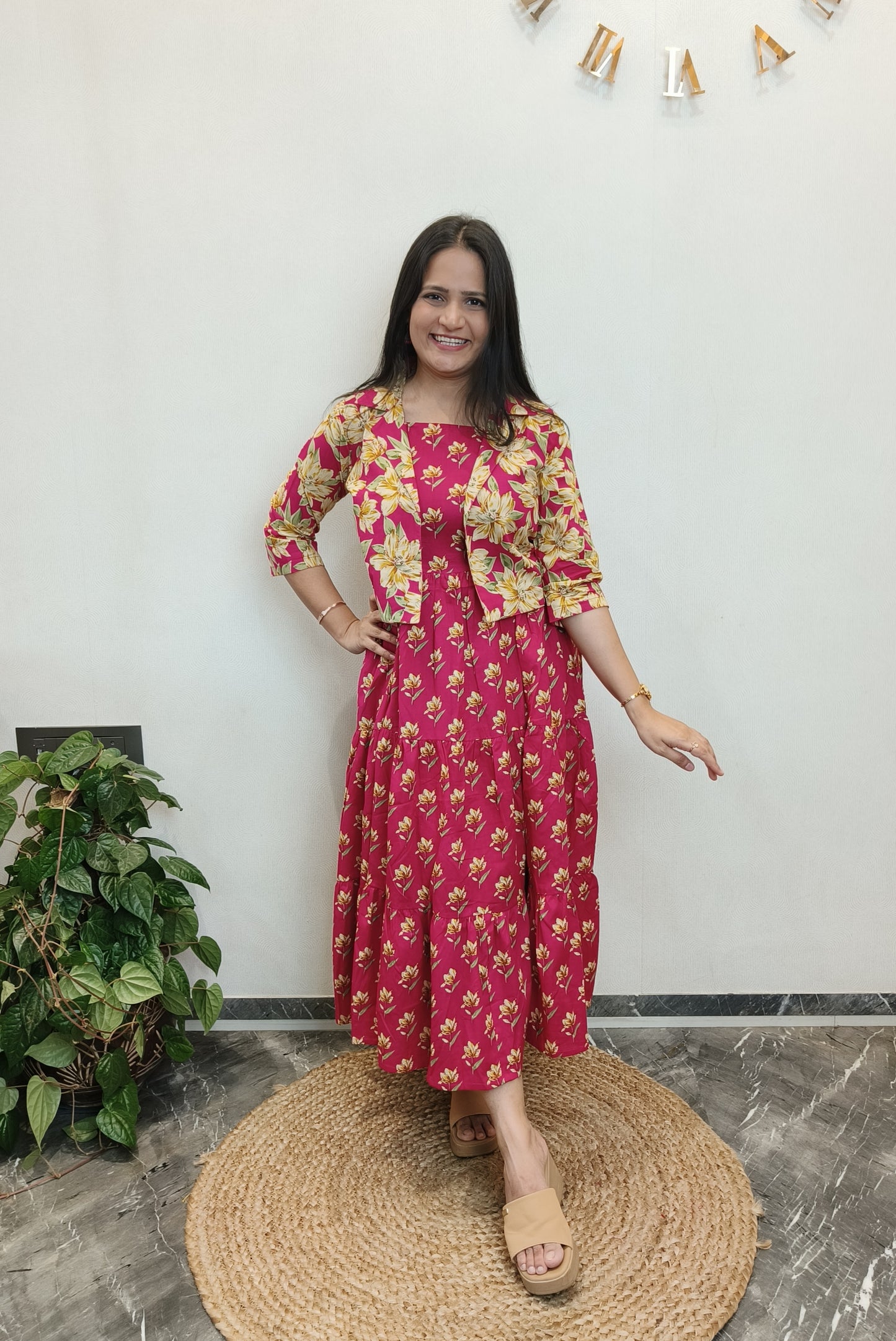 "Stuti" Floral Cotton Dress with Printed Jacket